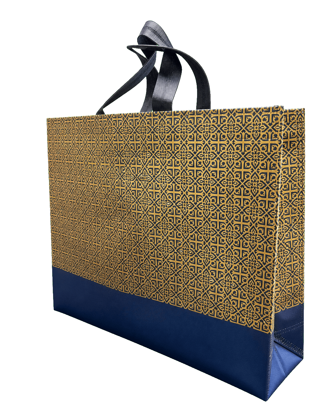 Premium Non-Woven Tasche mit goldenem Muster und dunkelblauem Boden