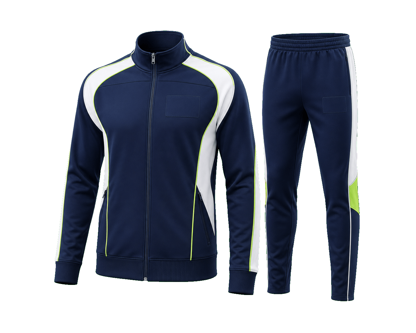 Marineblauer Trainingsanzug mit hellen Seitenflaechen fuer Teamdruck