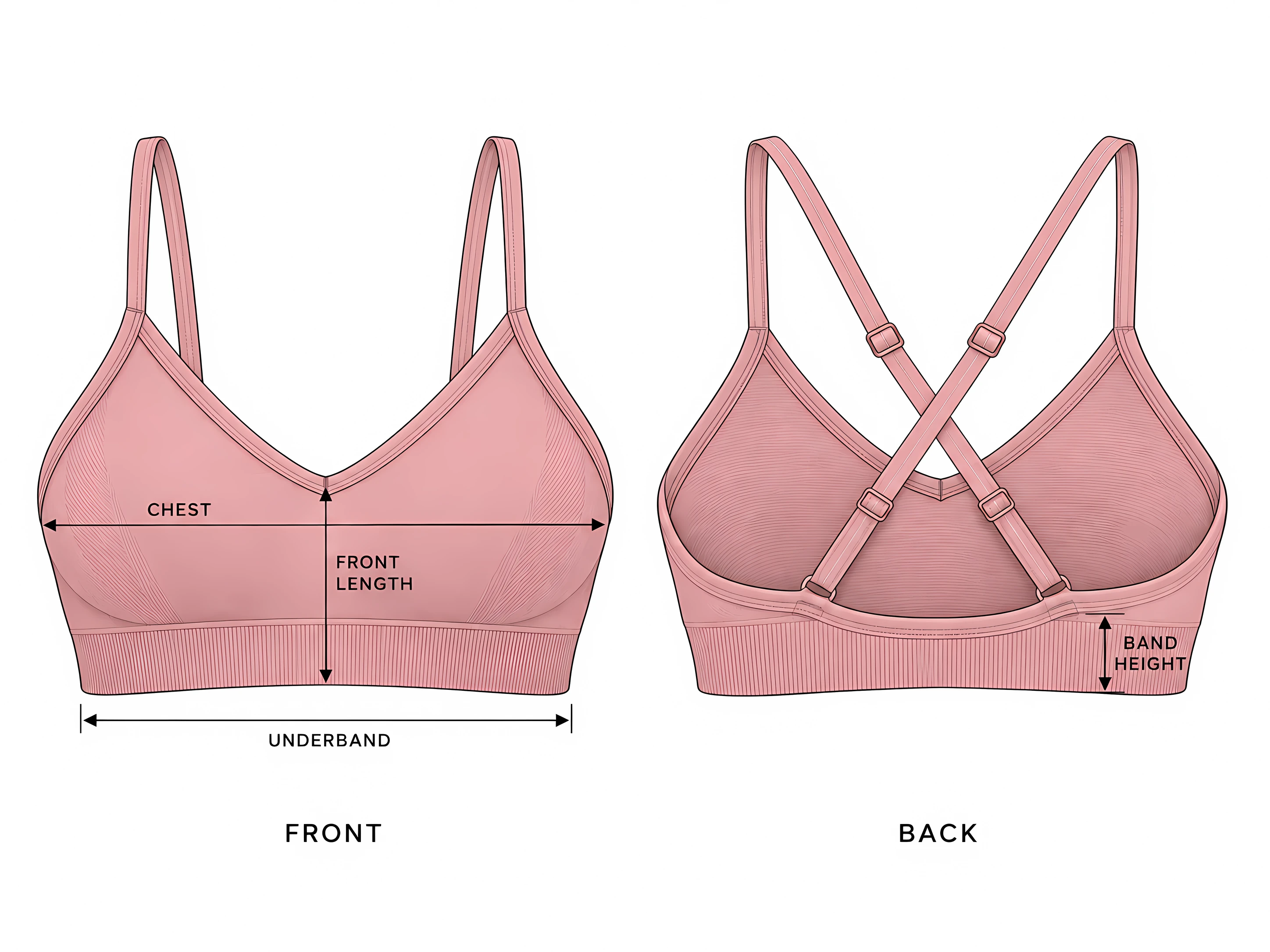 Classy Strappy Sports Bra front and back with the measurement points: chest, front length, underband and band height