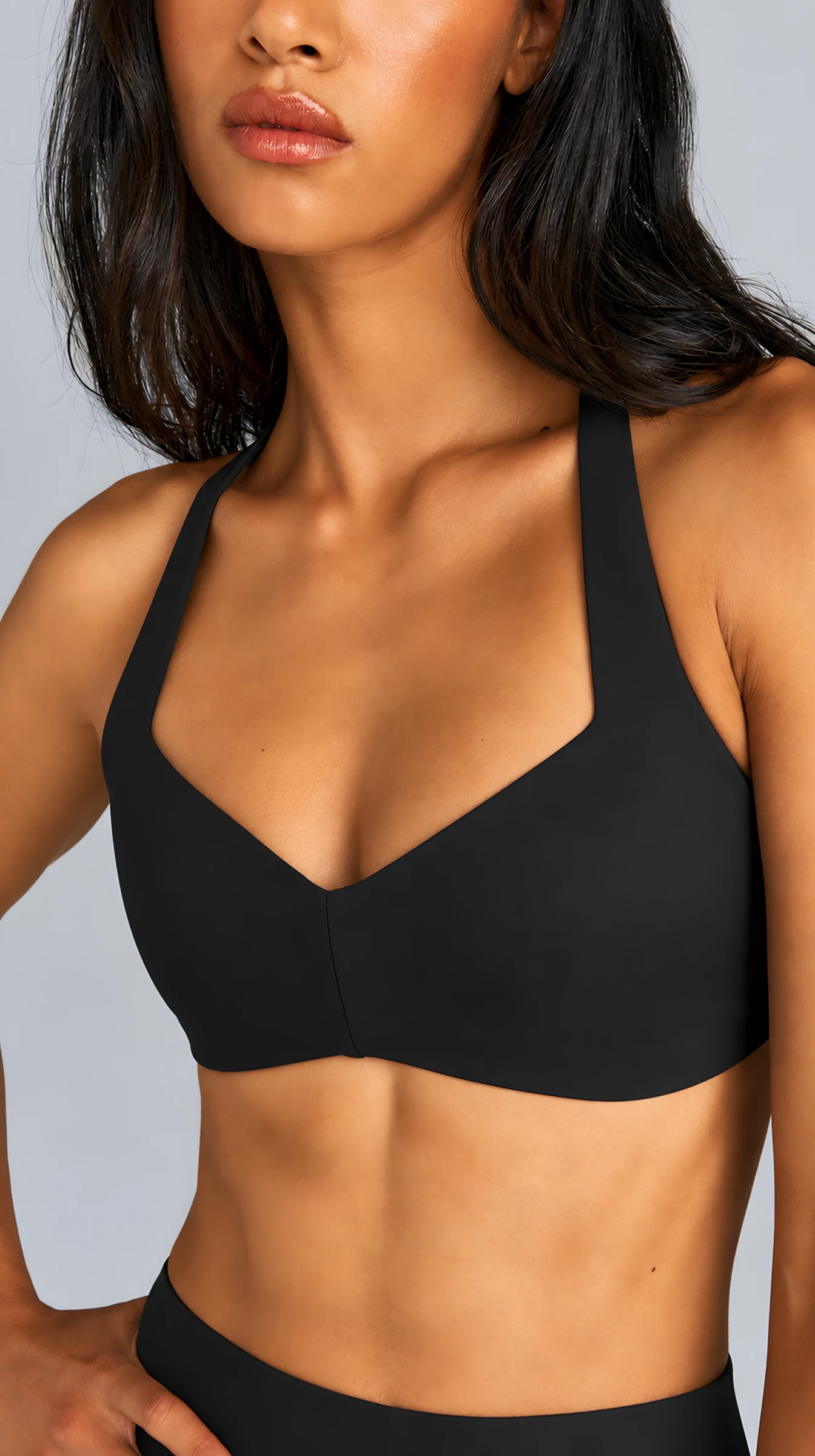 Classy Back Minimal Bralette, worn, close-up of the neckline (black)