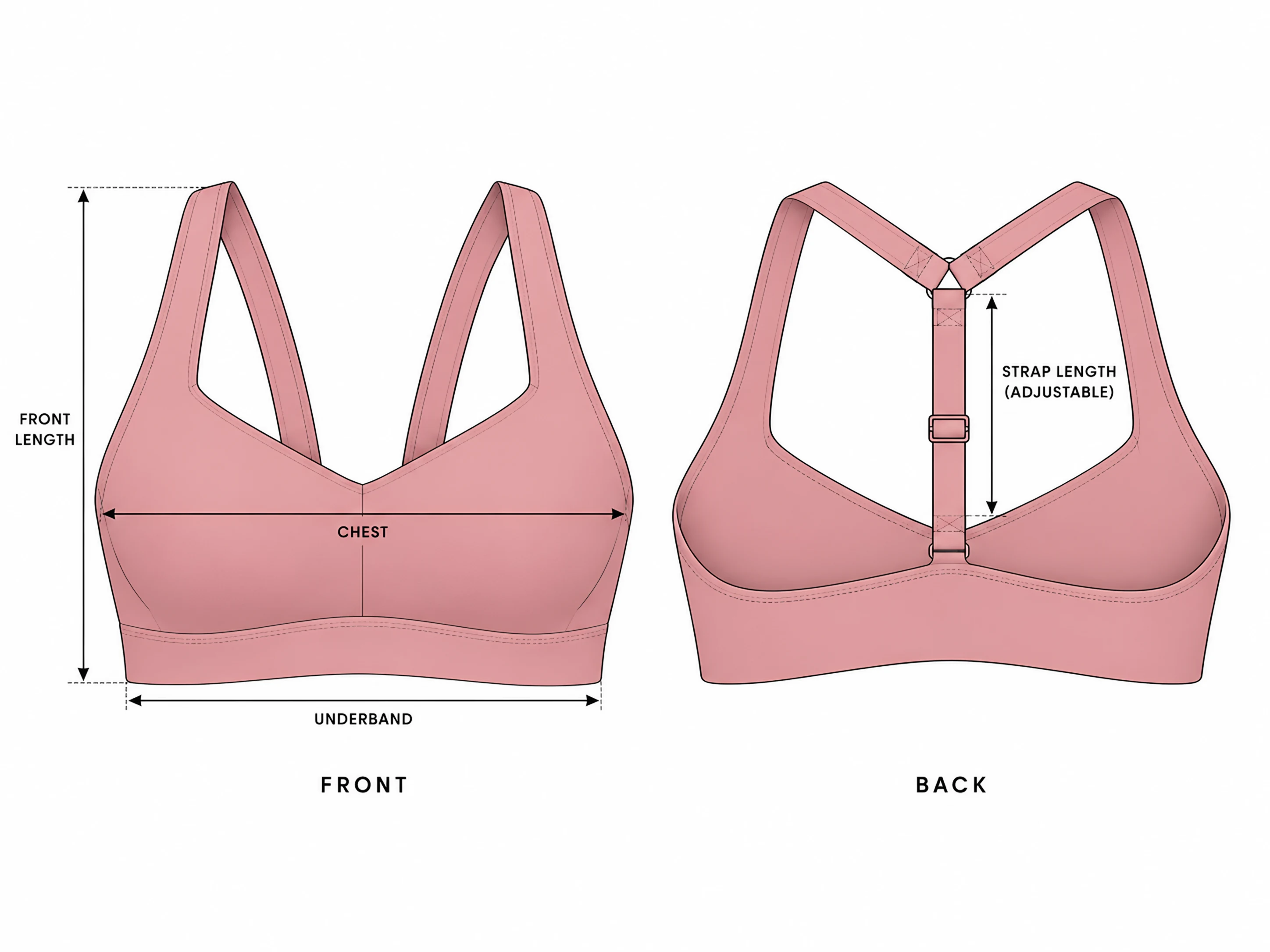 Classy Back Minimal Bralette front and back with the measurement points: front length, chest, underband and adjustable strap length