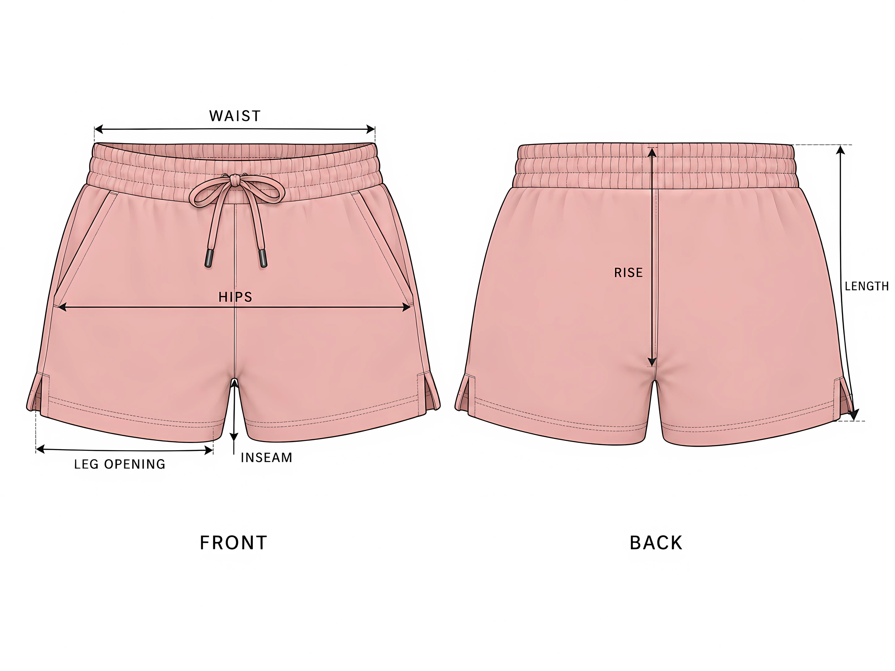 Classy Comfort Lightweight Shorts front and back with the measurement points: waist, hips, inseam, leg opening and length