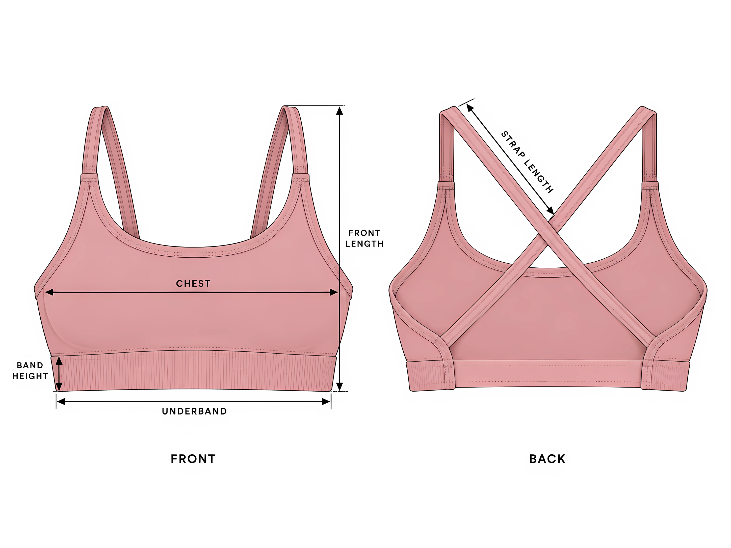 Classy Cross Back Bra front and back with the measurement points: chest, front length, underband, band height and strap length