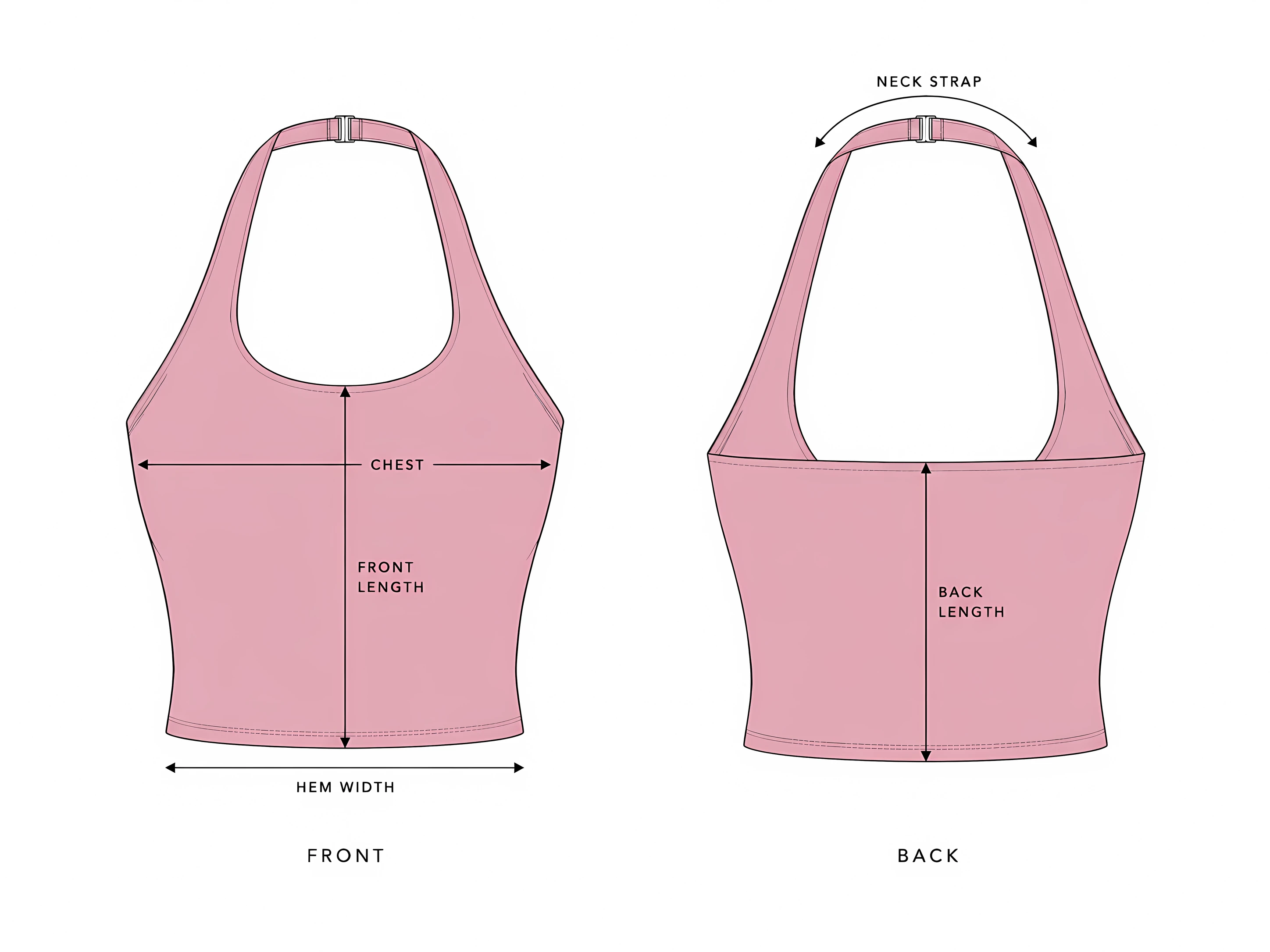 Classy Halter Tank front and back with the measurement points: chest, front length, hem width, back length and neck strap