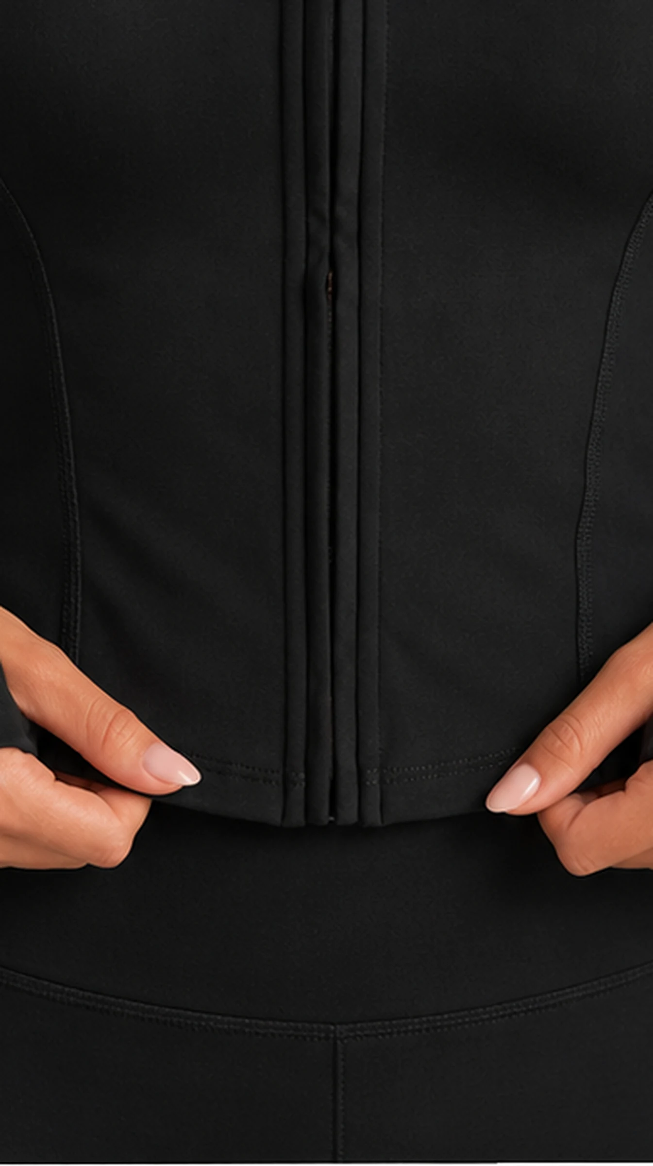 Classy Long Sleeve Zip Through Jacket, worn, close-up of the front seams, hem and thumb holes