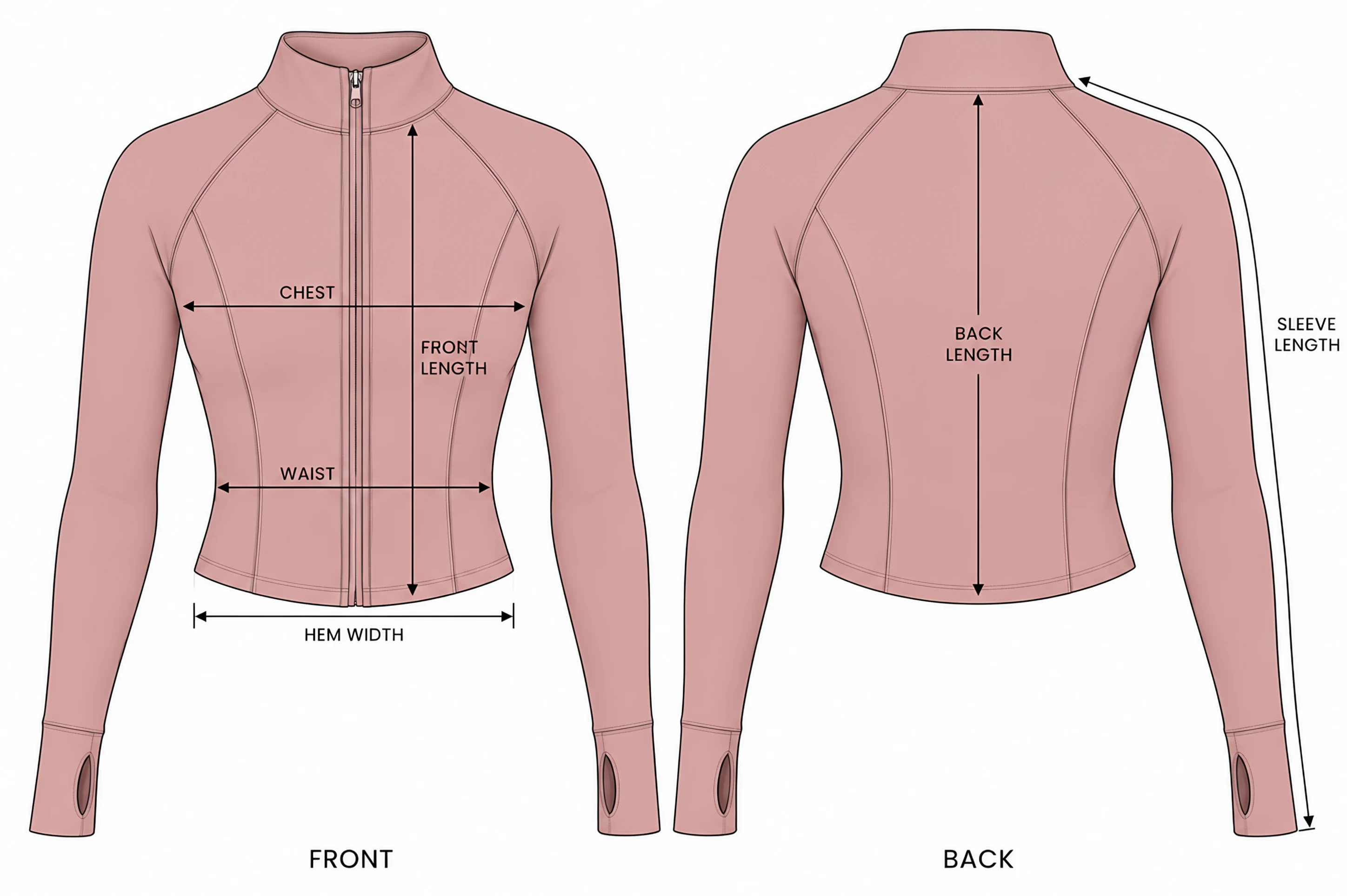 Classy Long Sleeve Zip Through Jacket front and back with the measurement points: chest, waist, hem width, front length, back length and sleeve length
