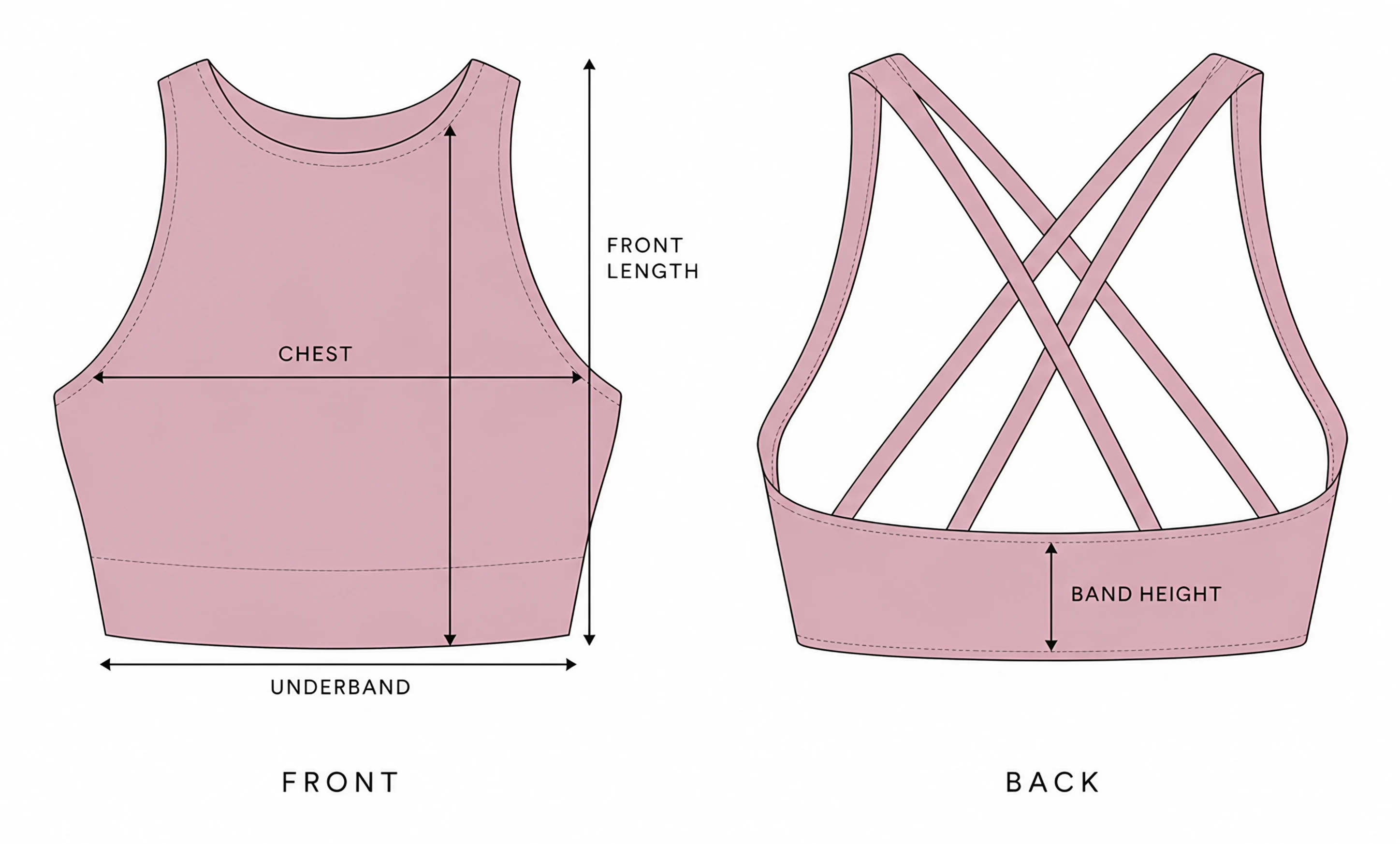 Classy Soft High Neck Sports Bra front and back with the measurement points: front length, chest, underband and band height
