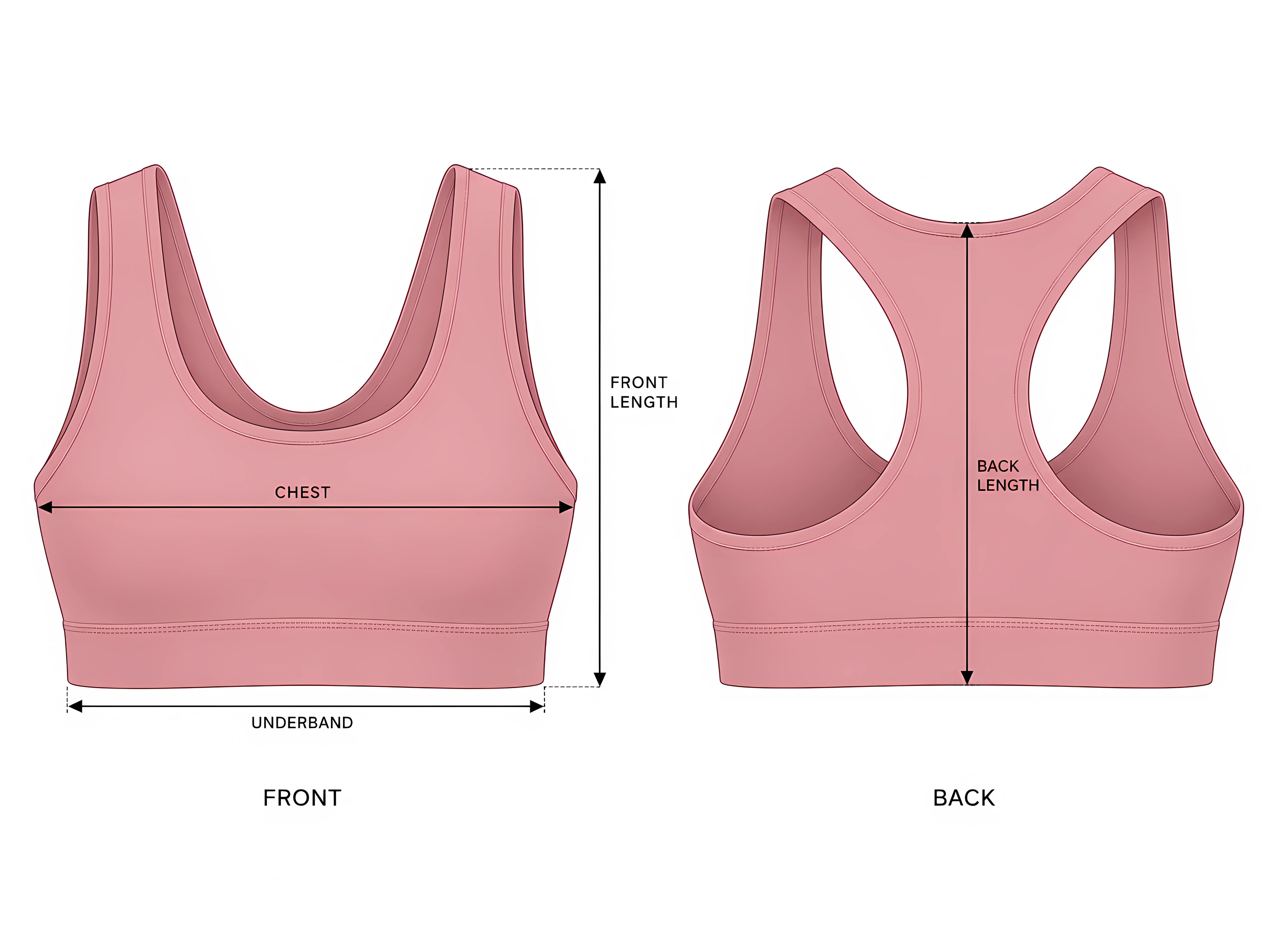 Classy Soft Sports Bra front and back with the measurement points: chest, front length, underband and back length
