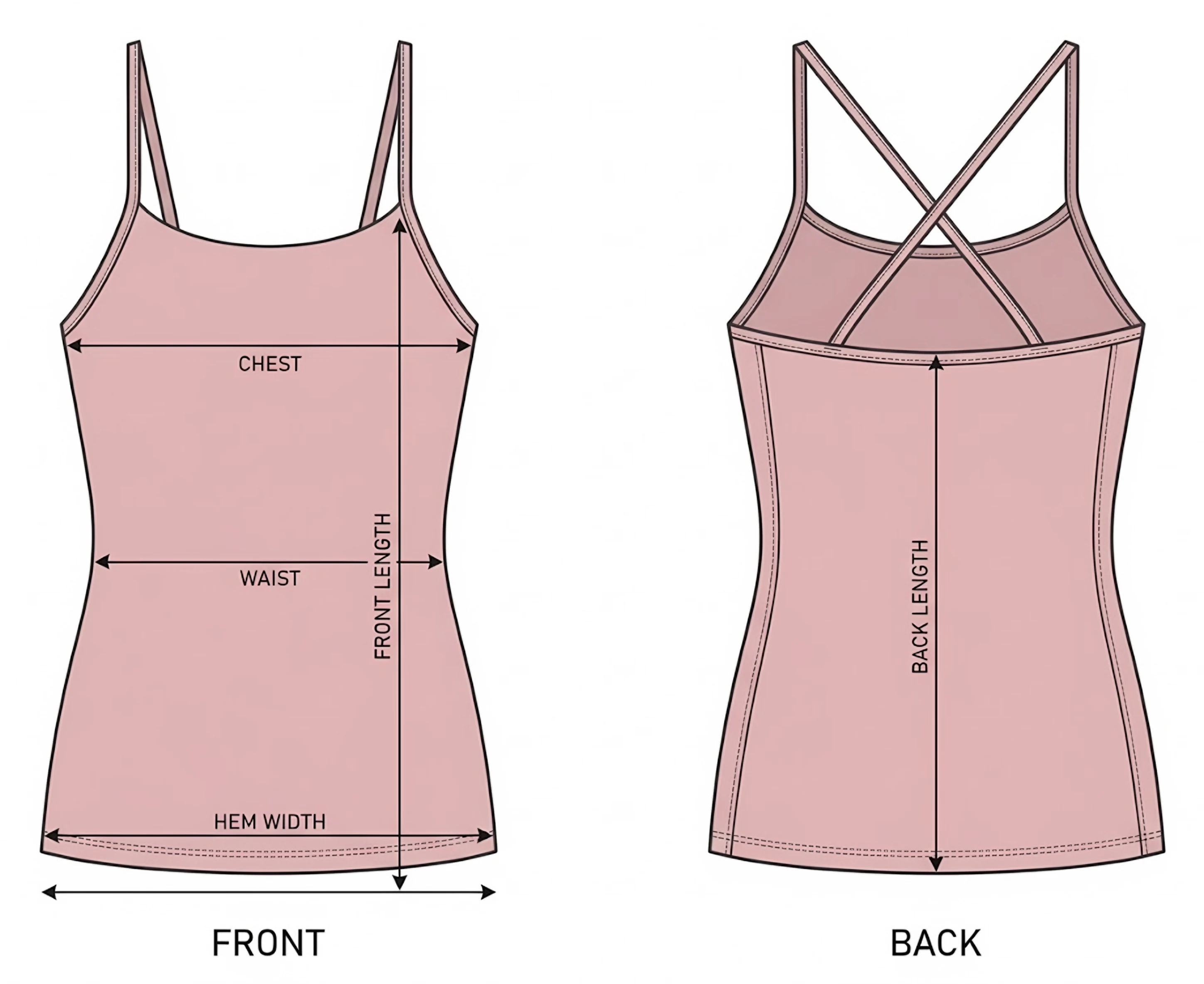 Classy Spaghetti Strap Tank front and back with the measurement points: chest, waist, hem width, front length and back length
