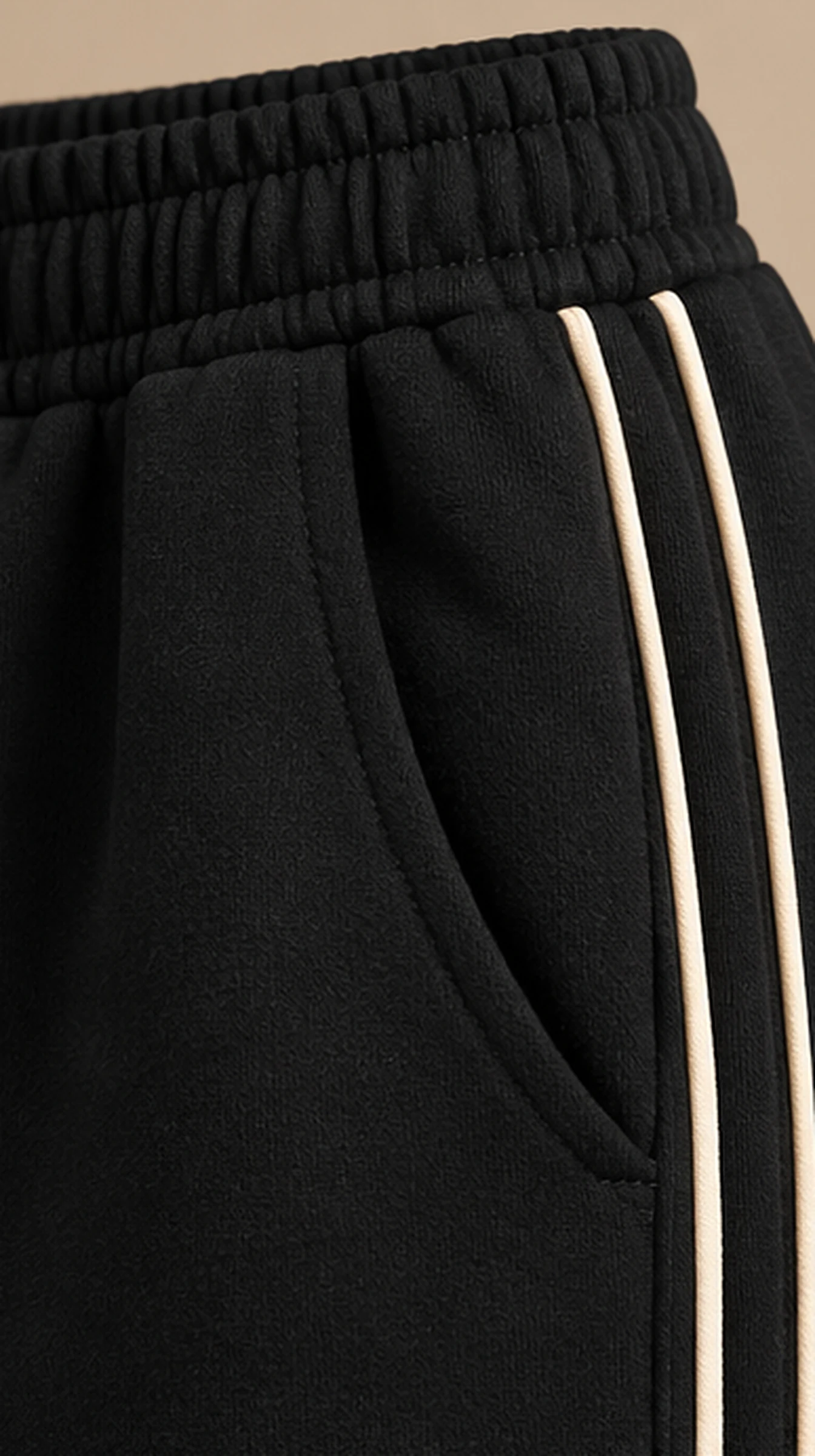 Classy Straight Leg Joggers, close-up of the waistband, side pocket and two stripes