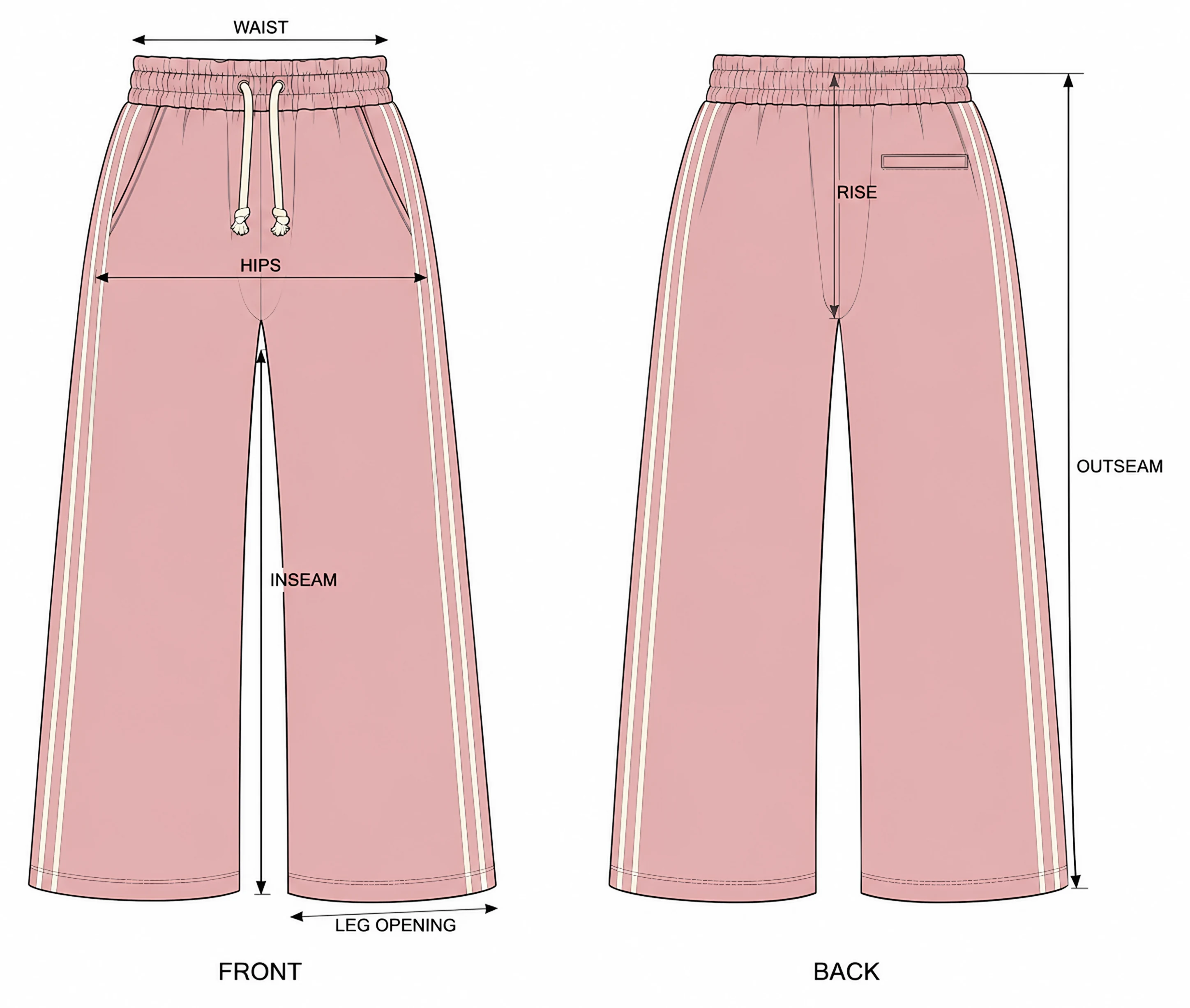 Classy Straight Leg Joggers front and back with the measurement points: waist, hips, rise, inseam, leg opening and outseam