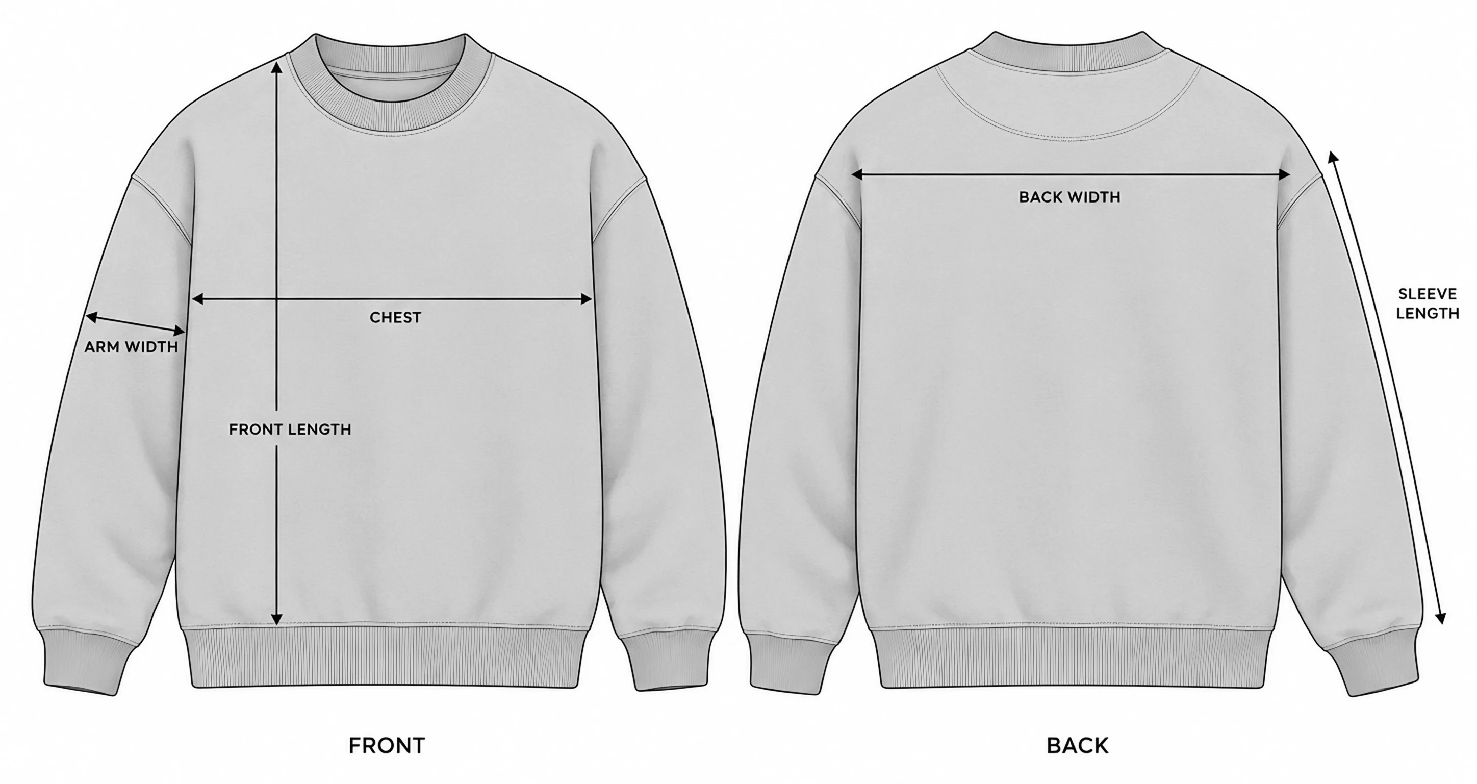 Classy Sweatshirt Unisex front and back with the measurement points: chest, front length, arm width, back width and sleeve length