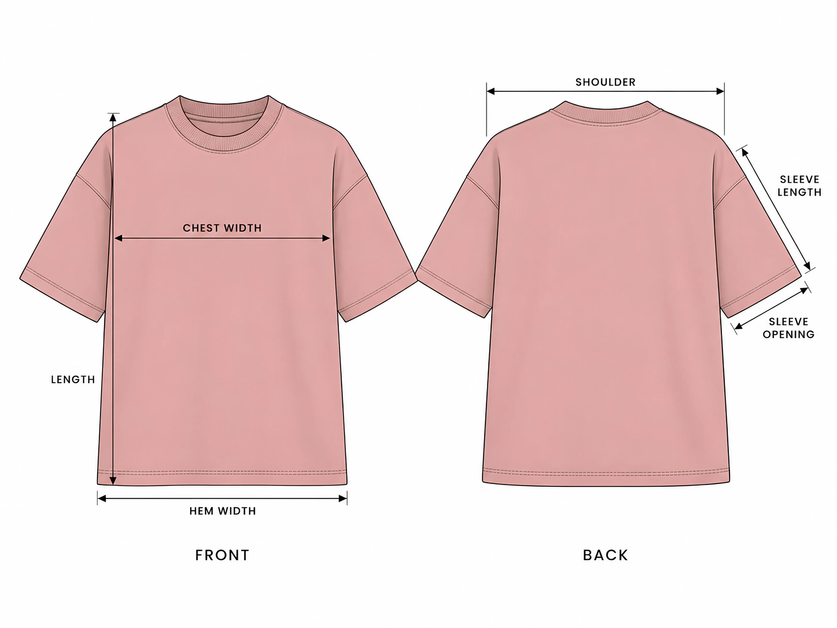 Classy Training T-Shirt front and back with the garment measurement points: length, chest width, hem width, shoulder, sleeve length and sleeve opening