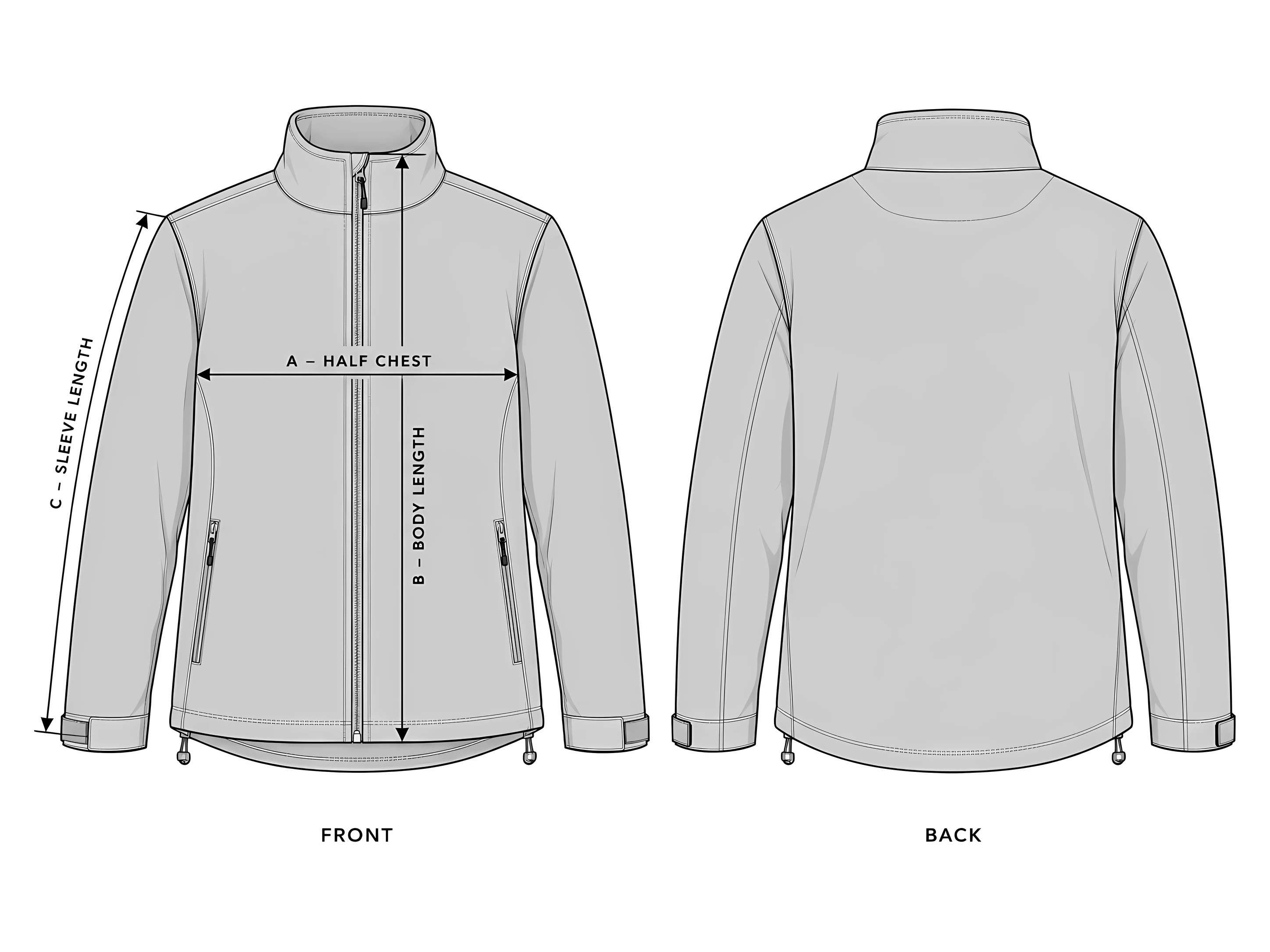 Classy Unisex Jacket front and back with the measurement points: A half chest, B body length and C sleeve length