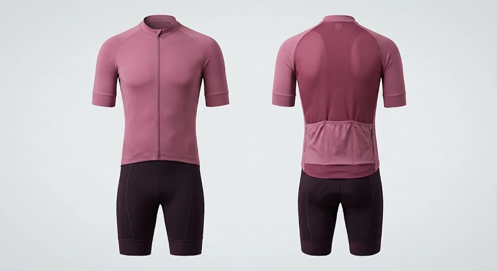 The kit in dusty rose and plum: jersey and bib shorts, front and back