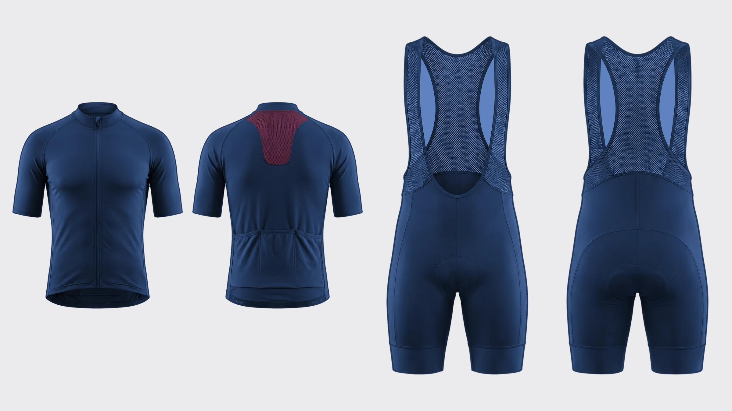 Jersey front and back and bib shorts front and back side by side, with the logo places