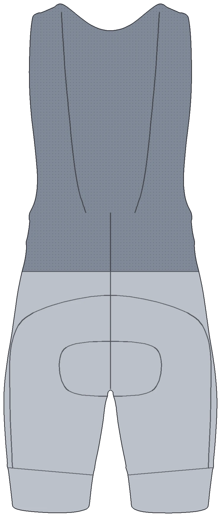 Technical drawing of the bib shorts, back: racer-back mesh straps, seat pad, seat panel and leg bands