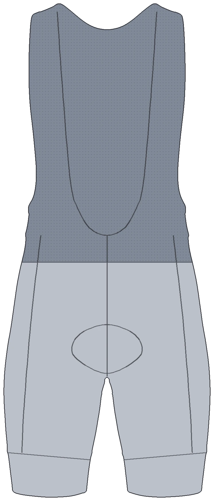Technical drawing of the bib shorts, front: mesh straps, seat pad, panel seams and leg bands
