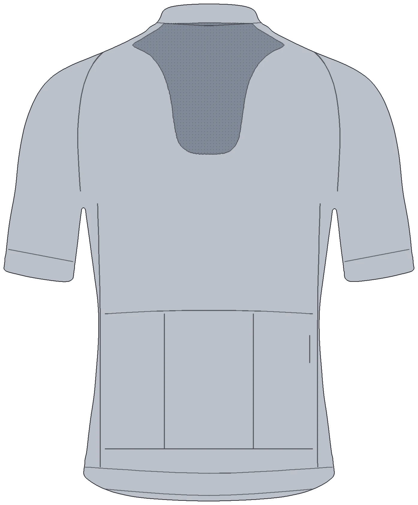 Technical drawing of the jersey, back: mesh back panel, raglan sleeves, three rear pockets, zipped pocket and hem band