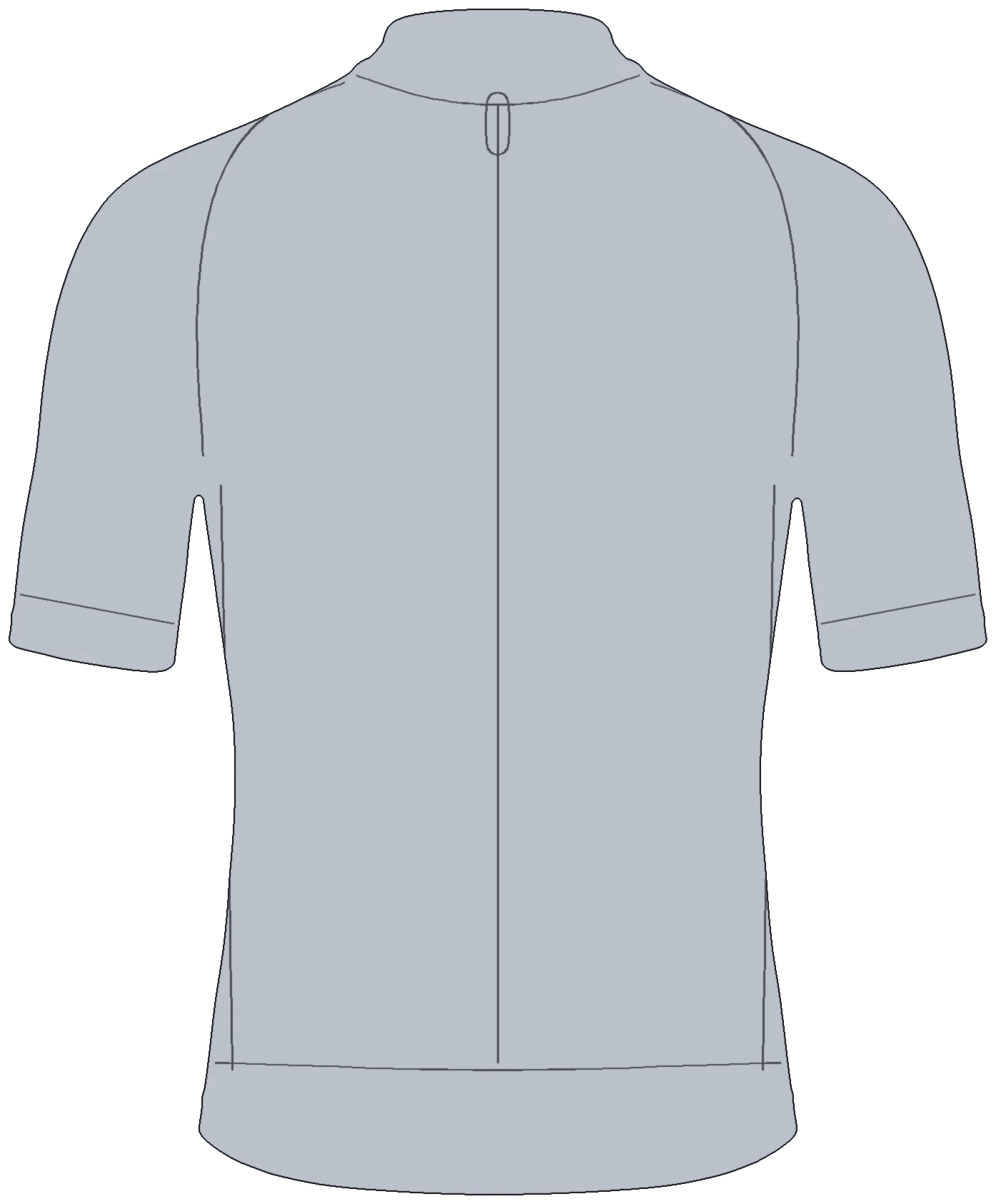Technical drawing of the jersey, front: stand collar, full-length zip, raglan sleeves, sleeve bands, side panels and hem band