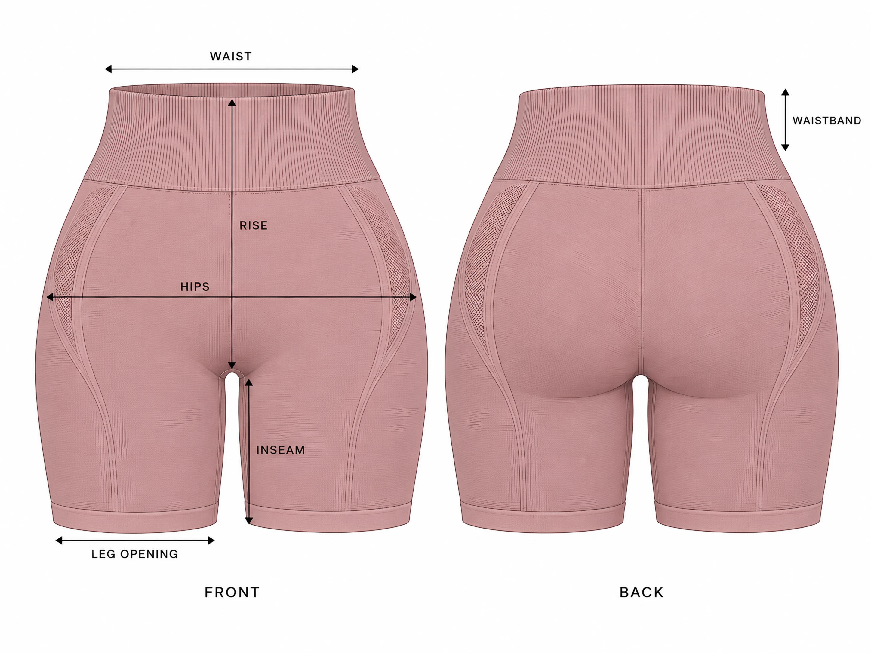 Classy EffortlessLift Seamless Shorts front and back with the measurement points: waist, rise, hips, inseam, leg opening and waistband