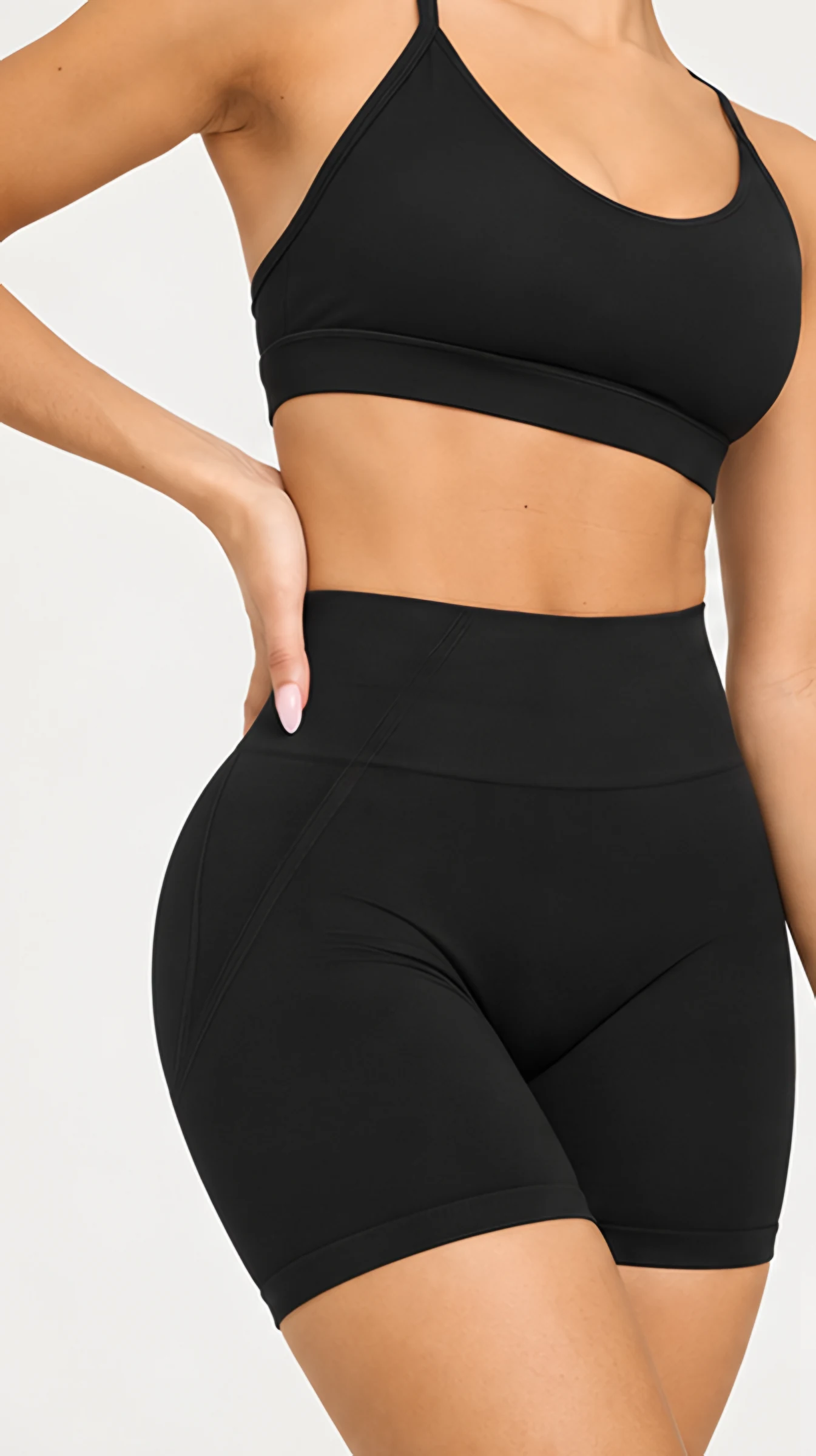 Classy EffortlessLift Seamless Shorts, worn, close-up with sports bra