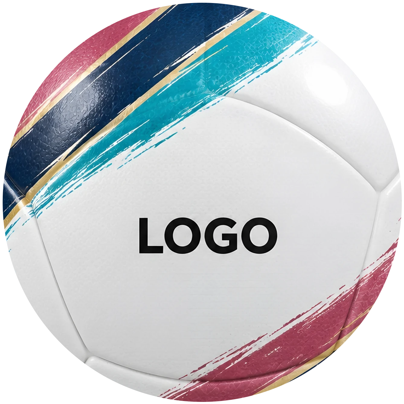 Football with raspberry, navy and turquoise brush strokes, gold lines and a logo panel