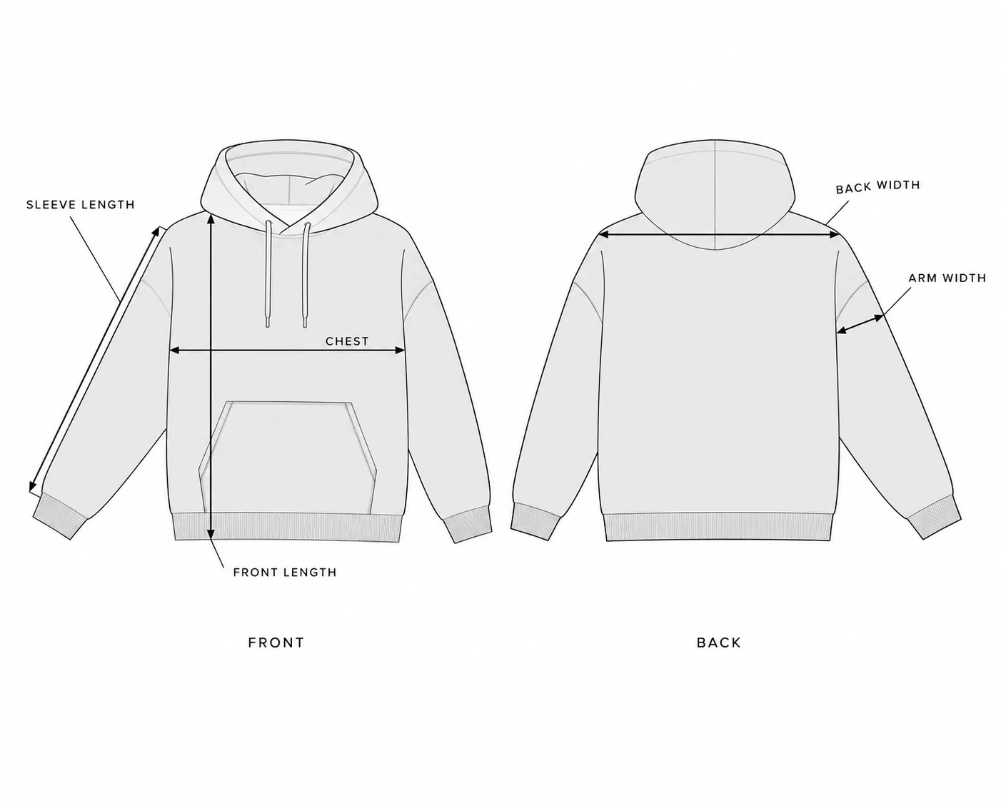 Hoodie front and back with the measurement lines: chest, front length, sleeve length, back width and arm width