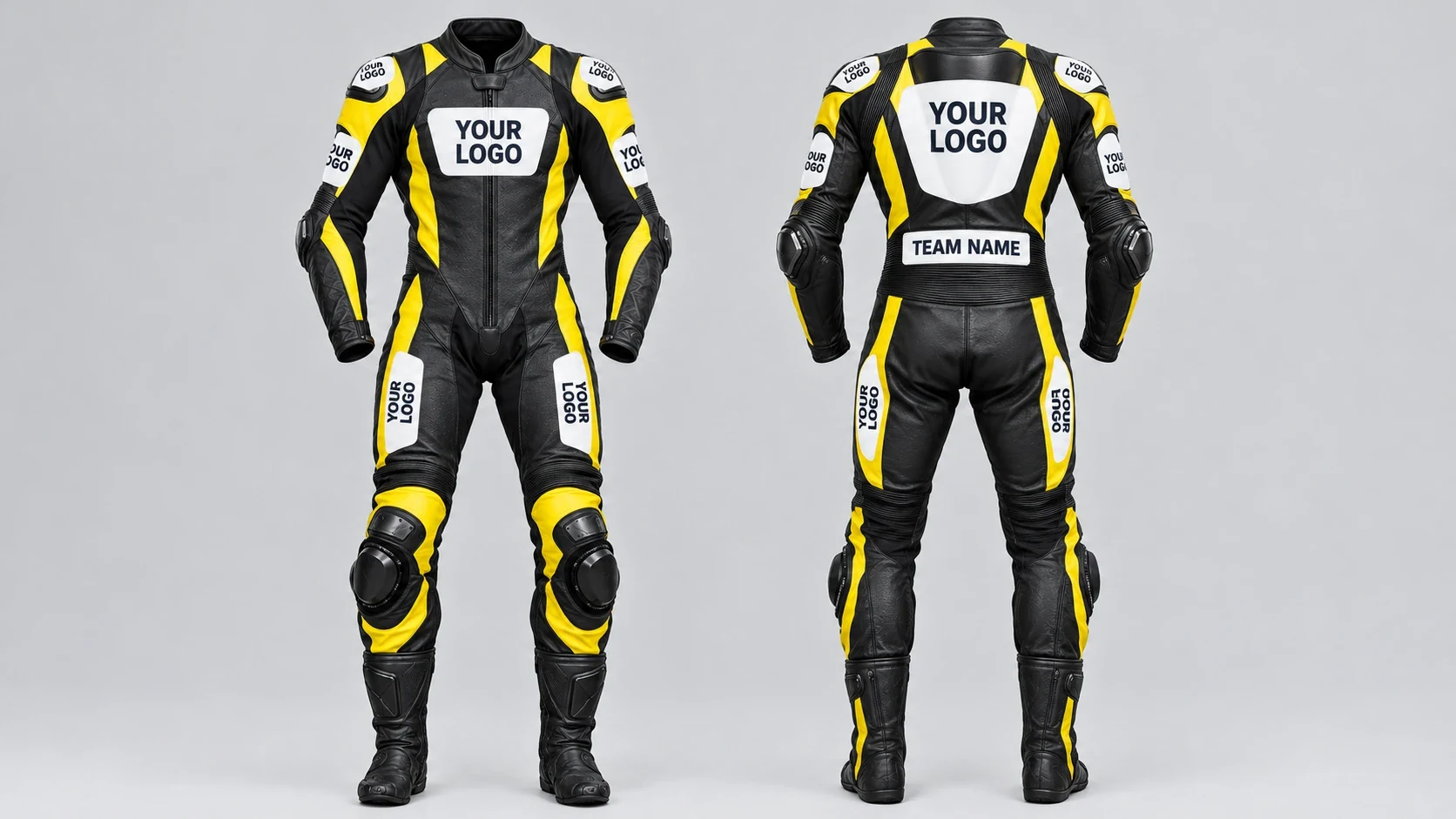 Front and back of the suit with logo areas on the chest, shoulders, upper arms, thighs, back and a team name on the lower back