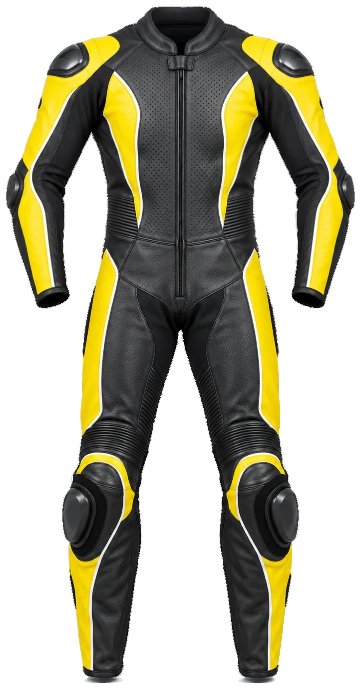 Leather motorcycle suit, one piece, black leather with yellow panels, front view