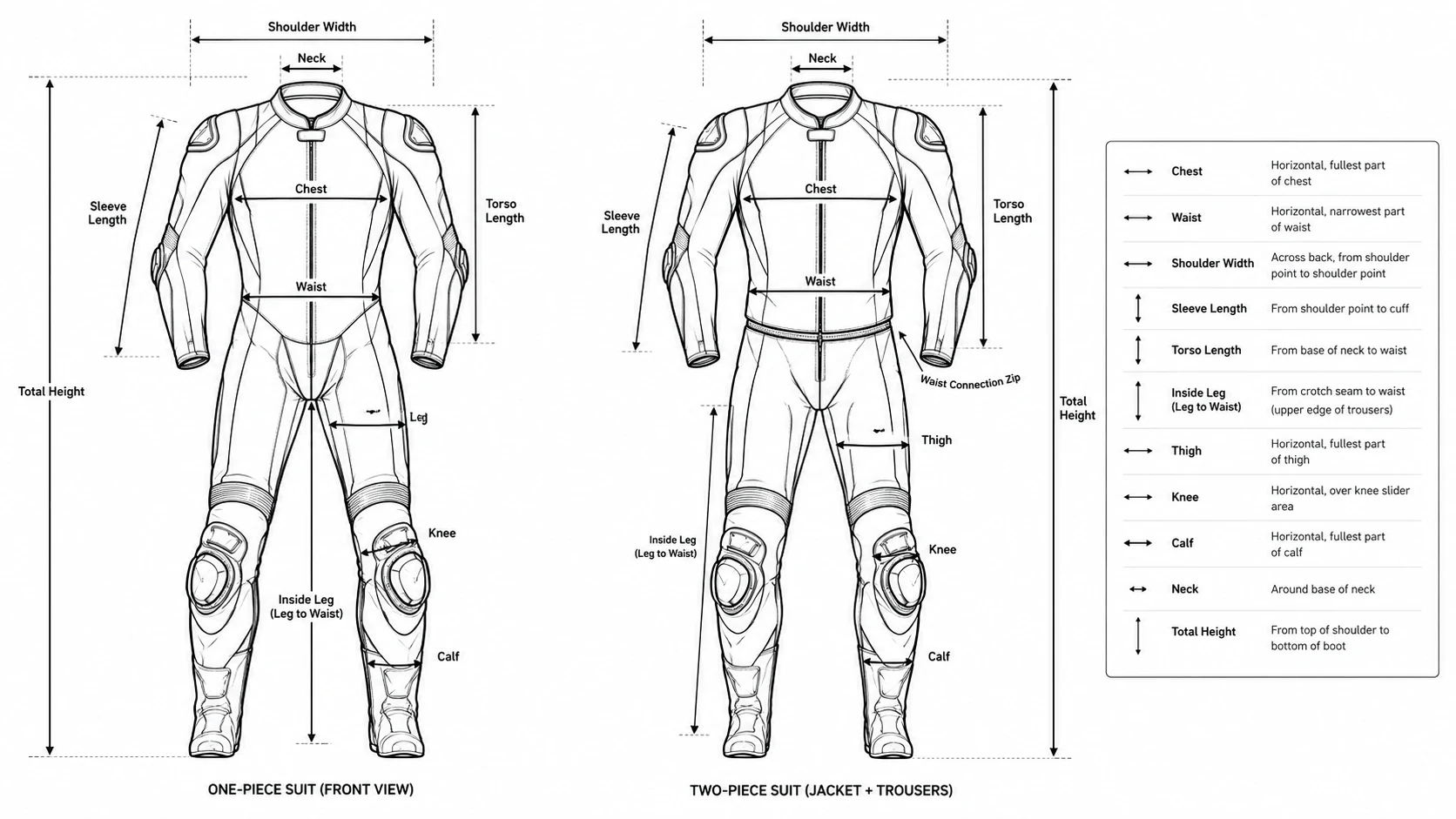 Drawings of the one-piece suit and the two-piece suit with a waist connection zip