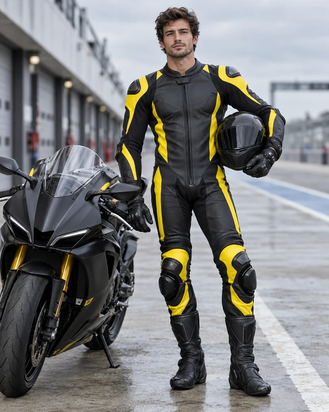 Rider in the black and yellow leather suit standing beside a black sport bike in a pit lane, helmet under the arm