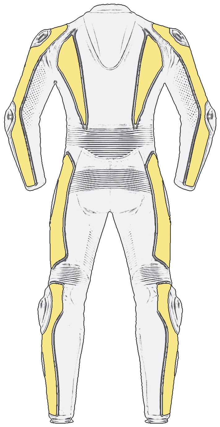 Technical drawing of the suit, back: aero hump, perforated arms, sliders and stretch panels at the waist, the seat and the knees