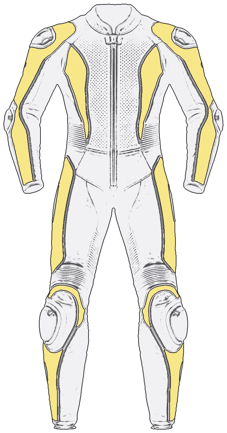 Technical drawing of the suit, front: collar tab, front zip, perforated chest, shoulder and elbow sliders, piping, stretch panels and knee sliders