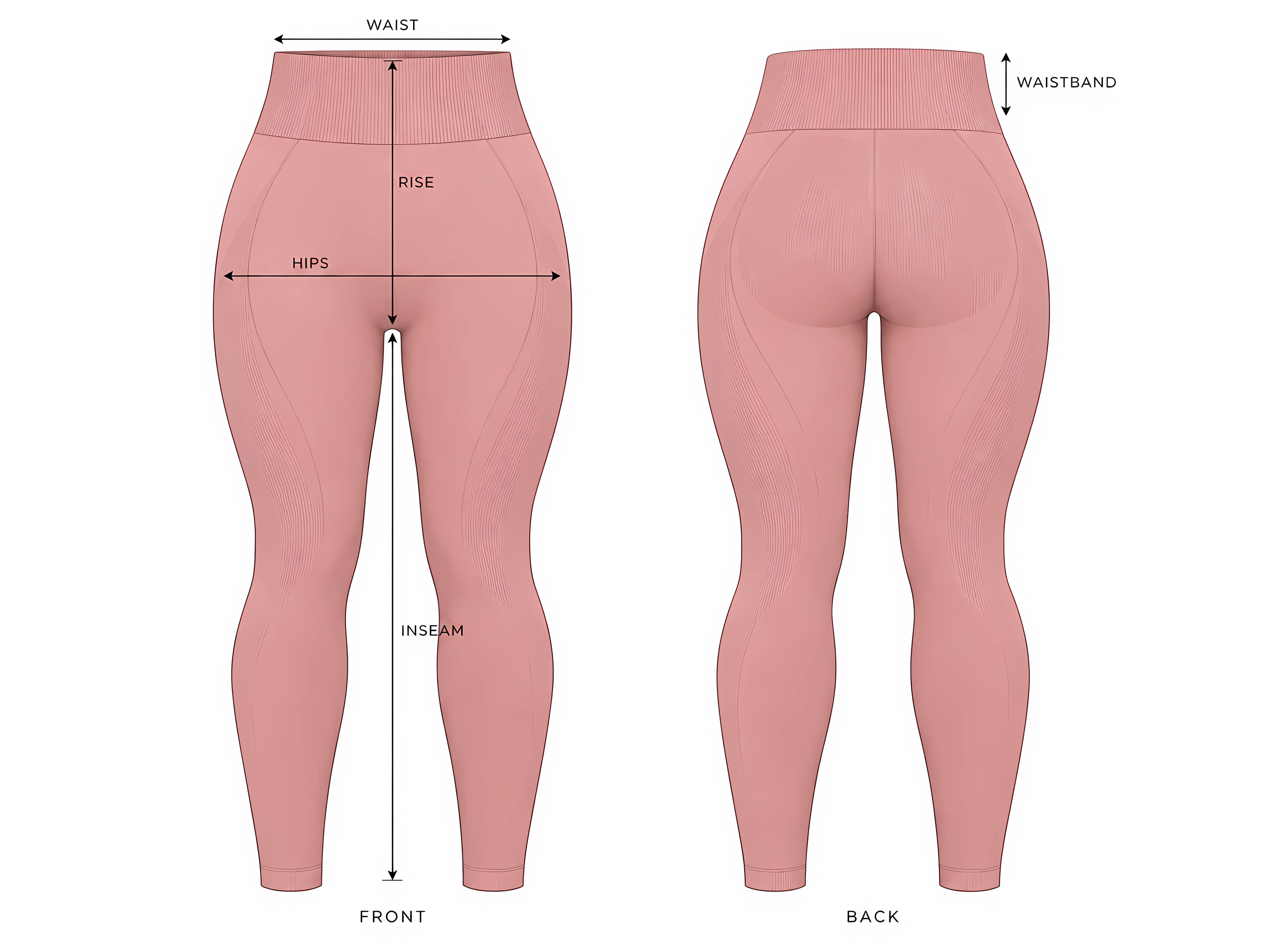 Leggings drawing with the measurement points: waist, hips, rise, inseam and waistband height