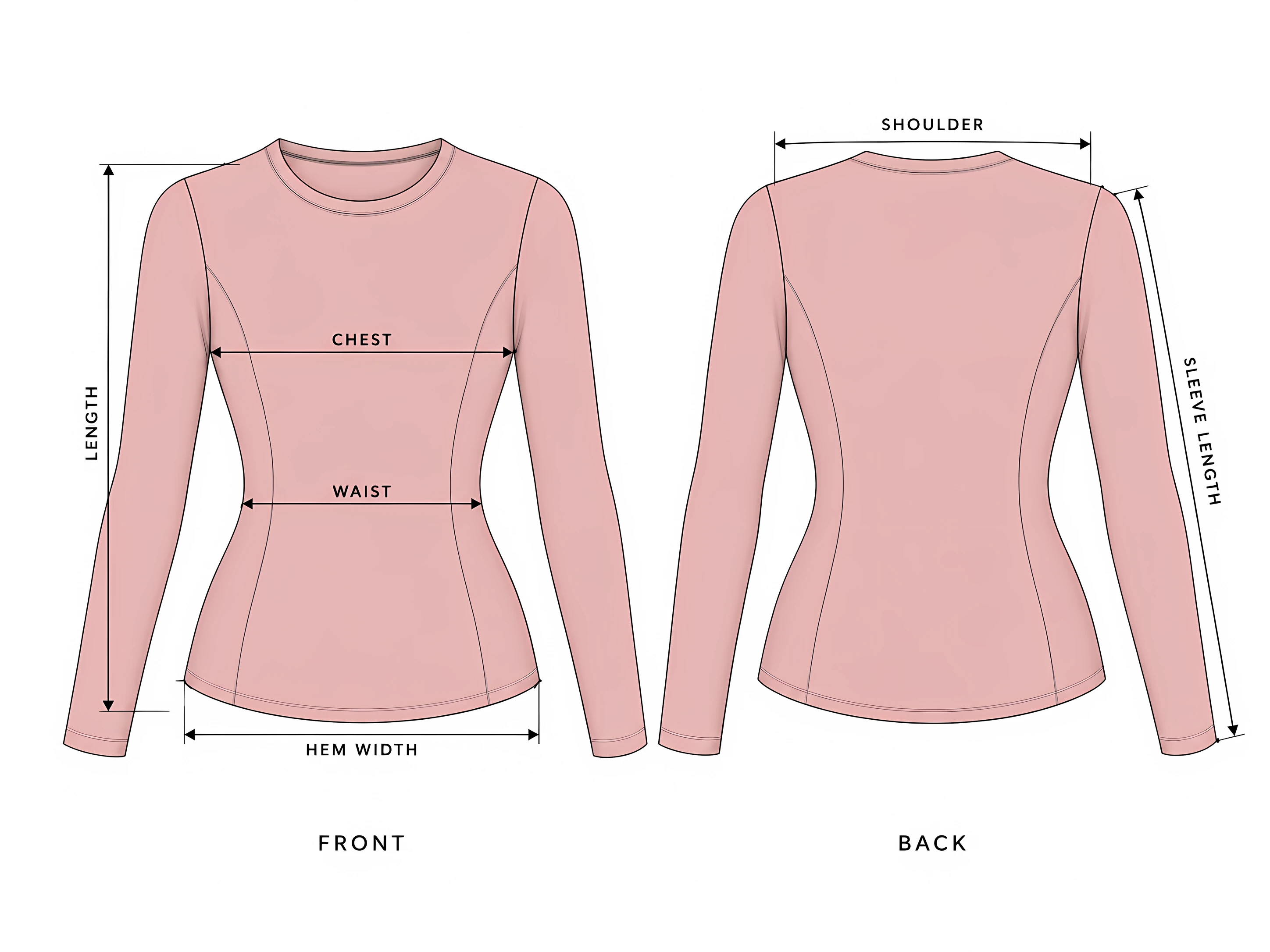 Garment drawing with the measurement points: length, chest, waist, hem width, shoulder and sleeve length