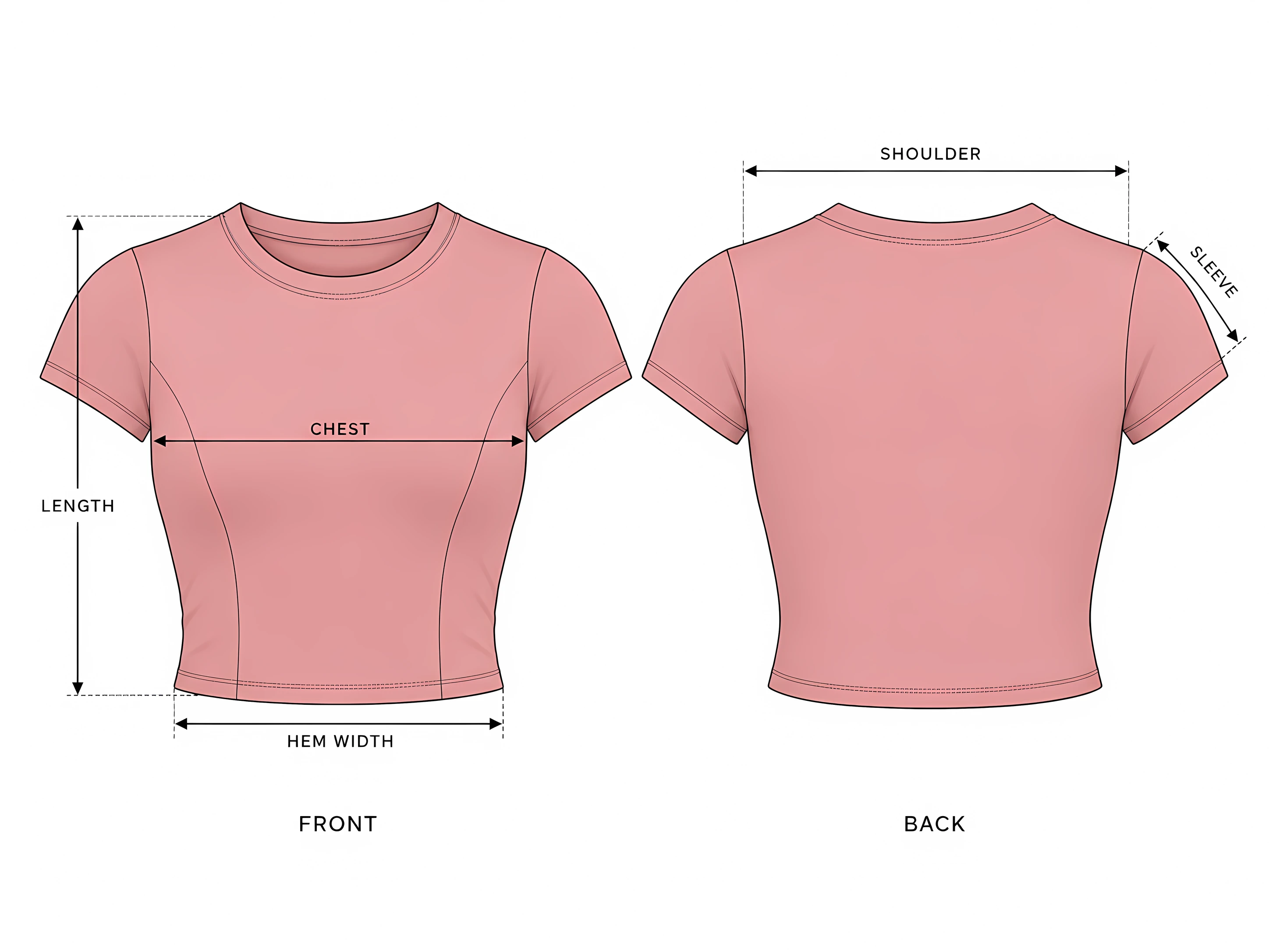 Garment drawing with the measurement points: chest, length, hem width, shoulder and sleeve