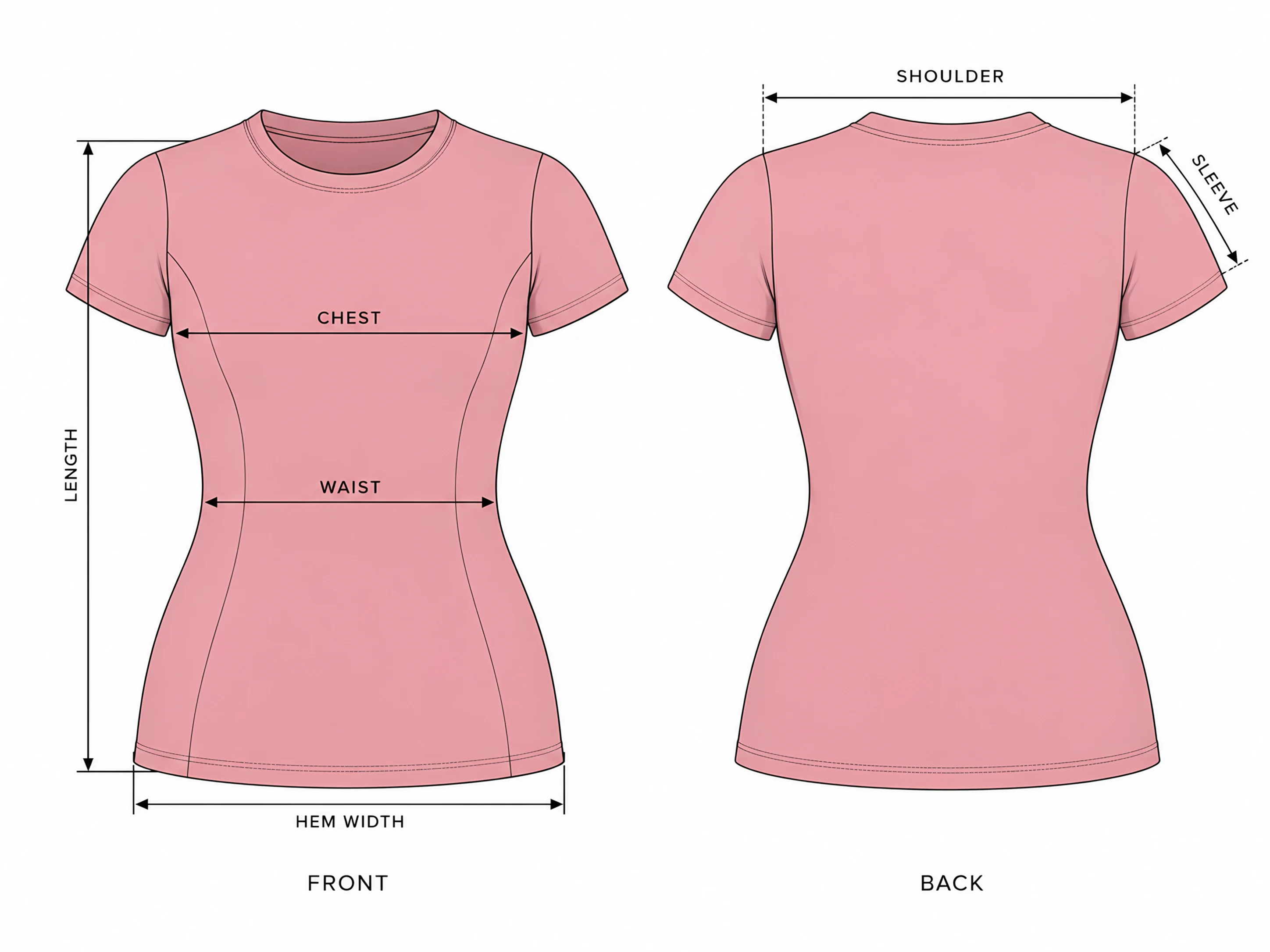 Classy Soft Short Sleeve T-Shirt front and back with the measurement points: length, chest, waist, hem width, shoulder and sleeve