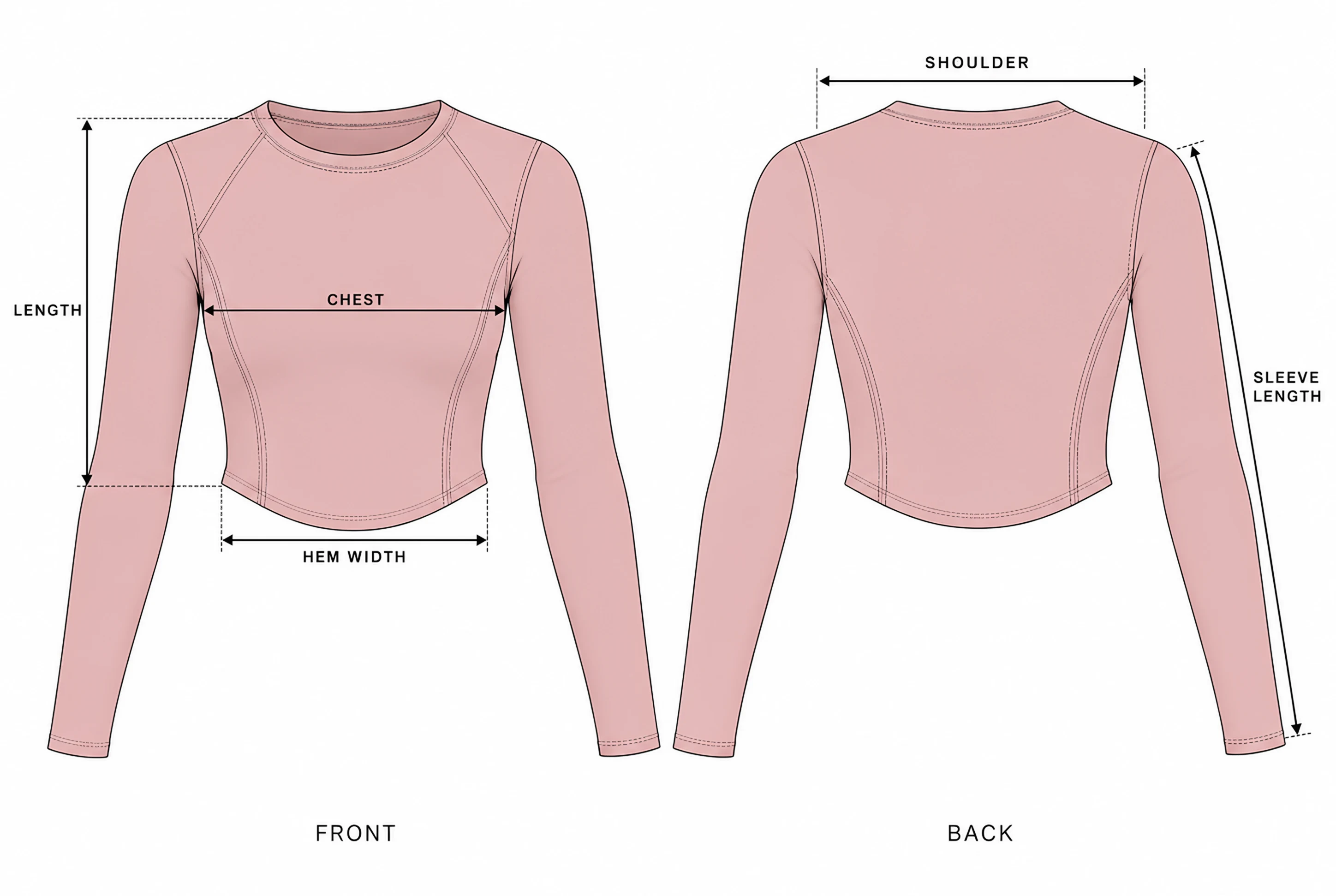 Garment drawing, front and back, with length, chest, hem width, shoulder and sleeve length