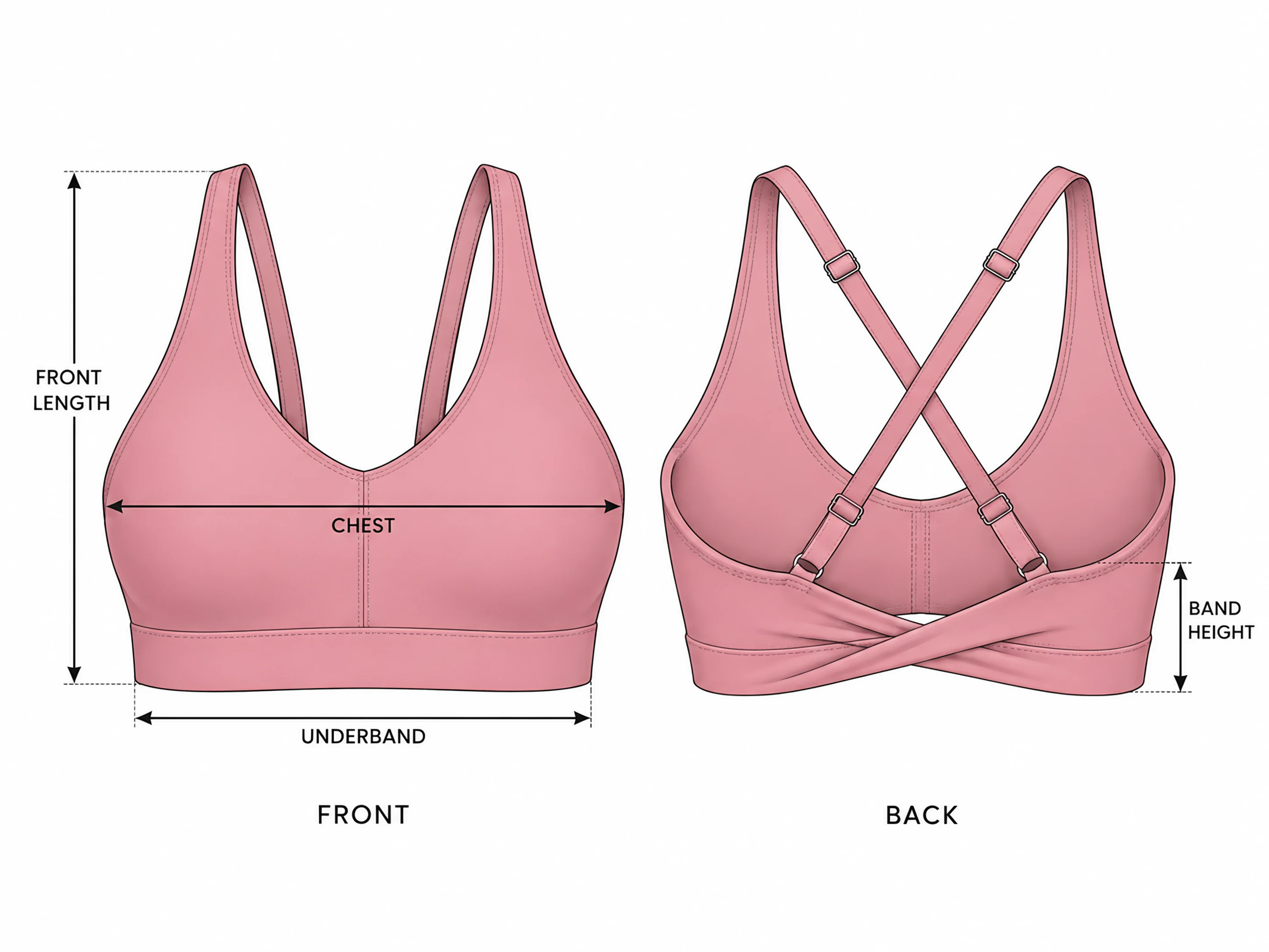 Classy UnifiedMove Micro Bralette front and back with the measurement points: chest, front length, underband and band height