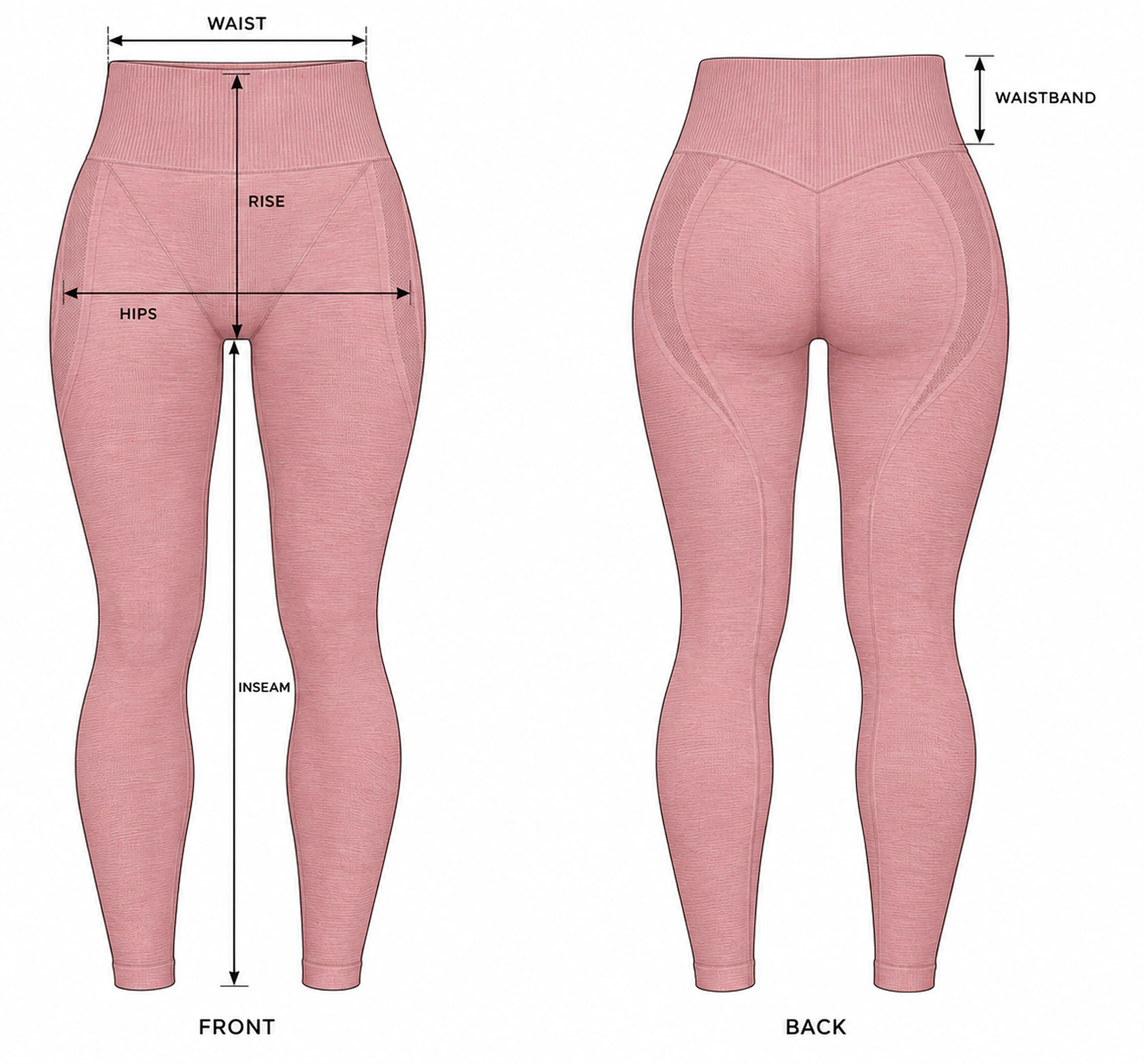 Leggings drawing, front and back, with waist, rise, hips, inseam and waistband
