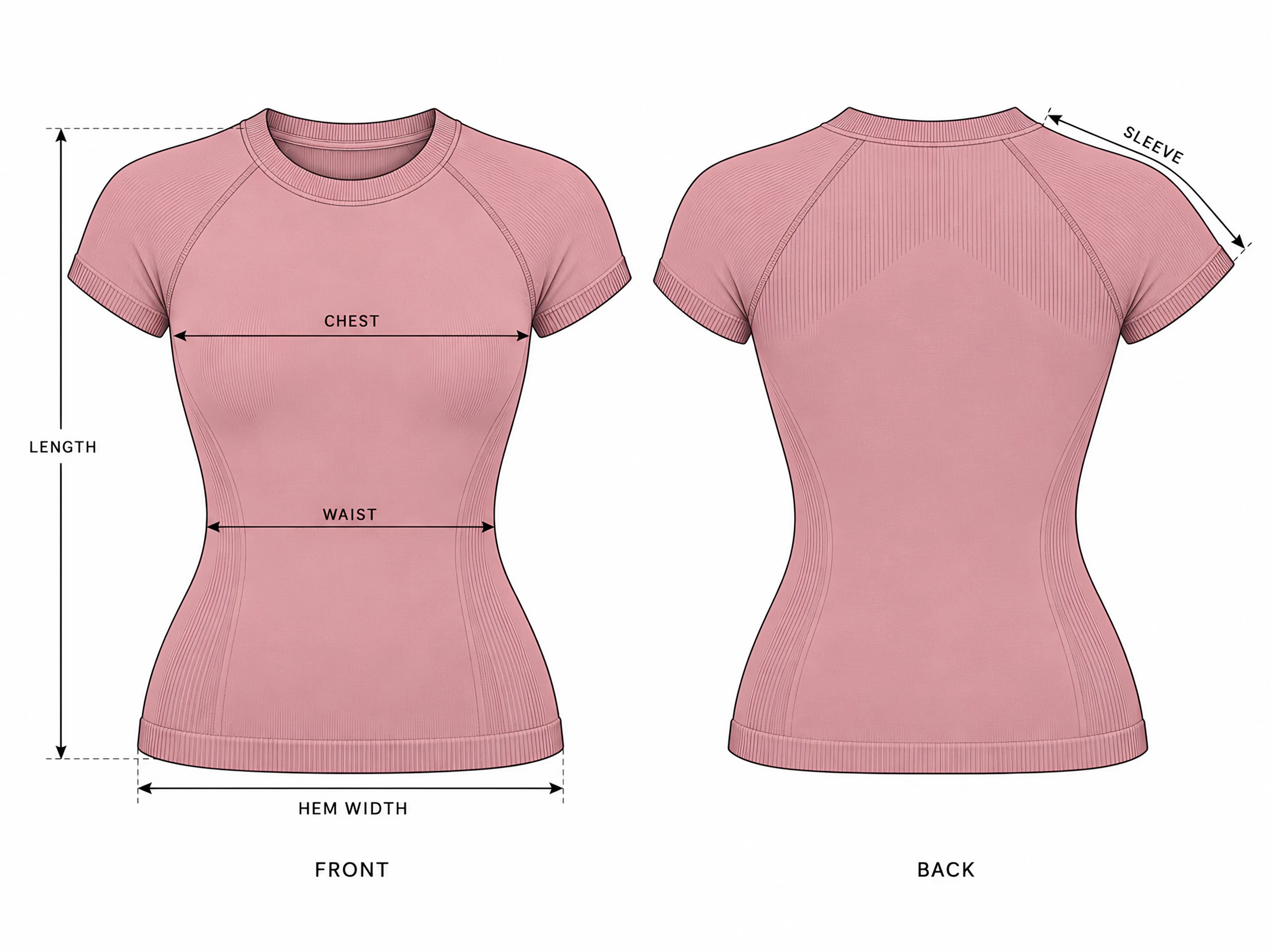 Classy Go To Seamless Fitted Top front and back with the measurement points: length, chest, waist, hem width and sleeve