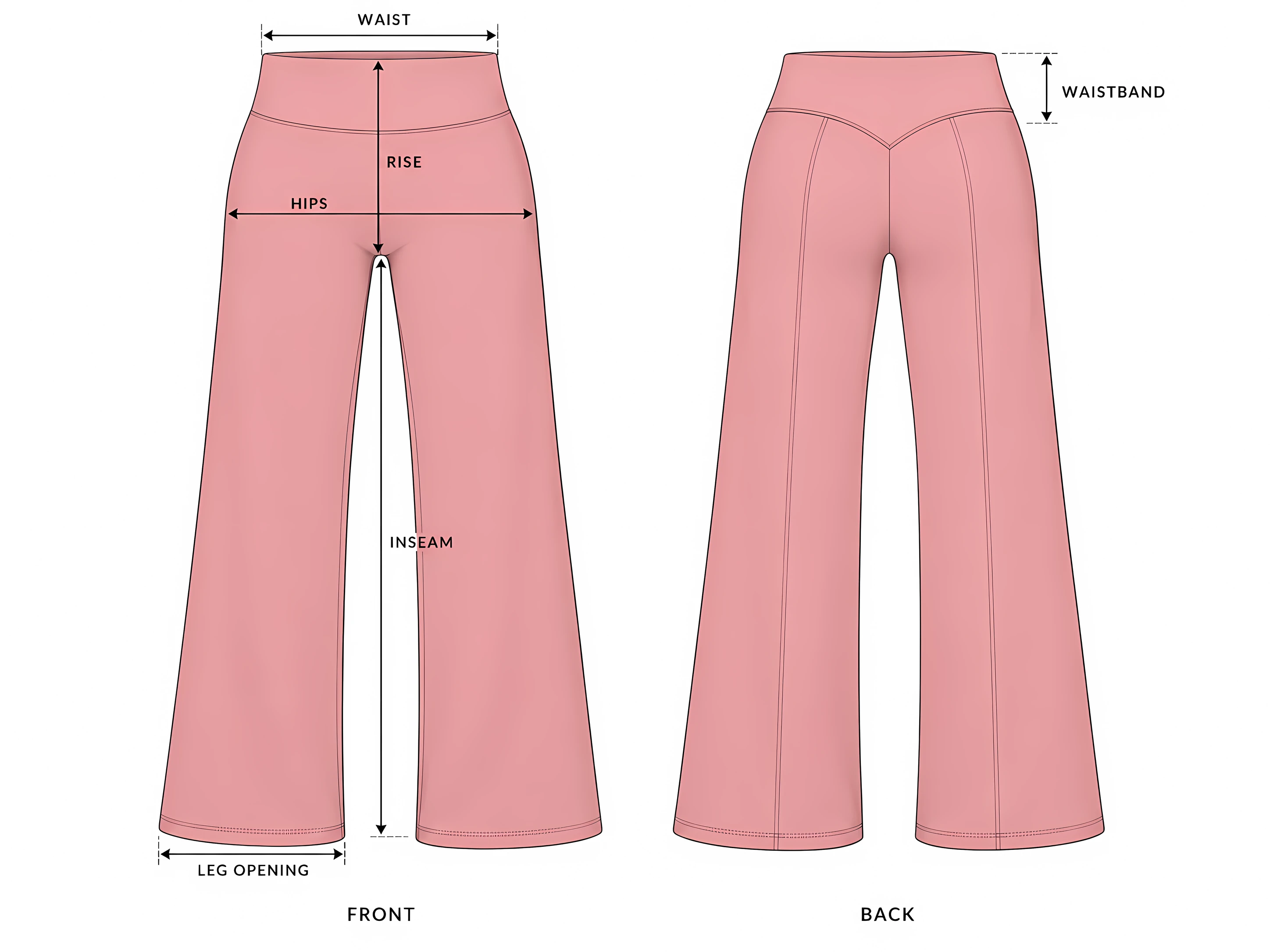 Drawing of the bottoms with the measurement points: waist, hips, rise, inseam, leg opening and waistband height