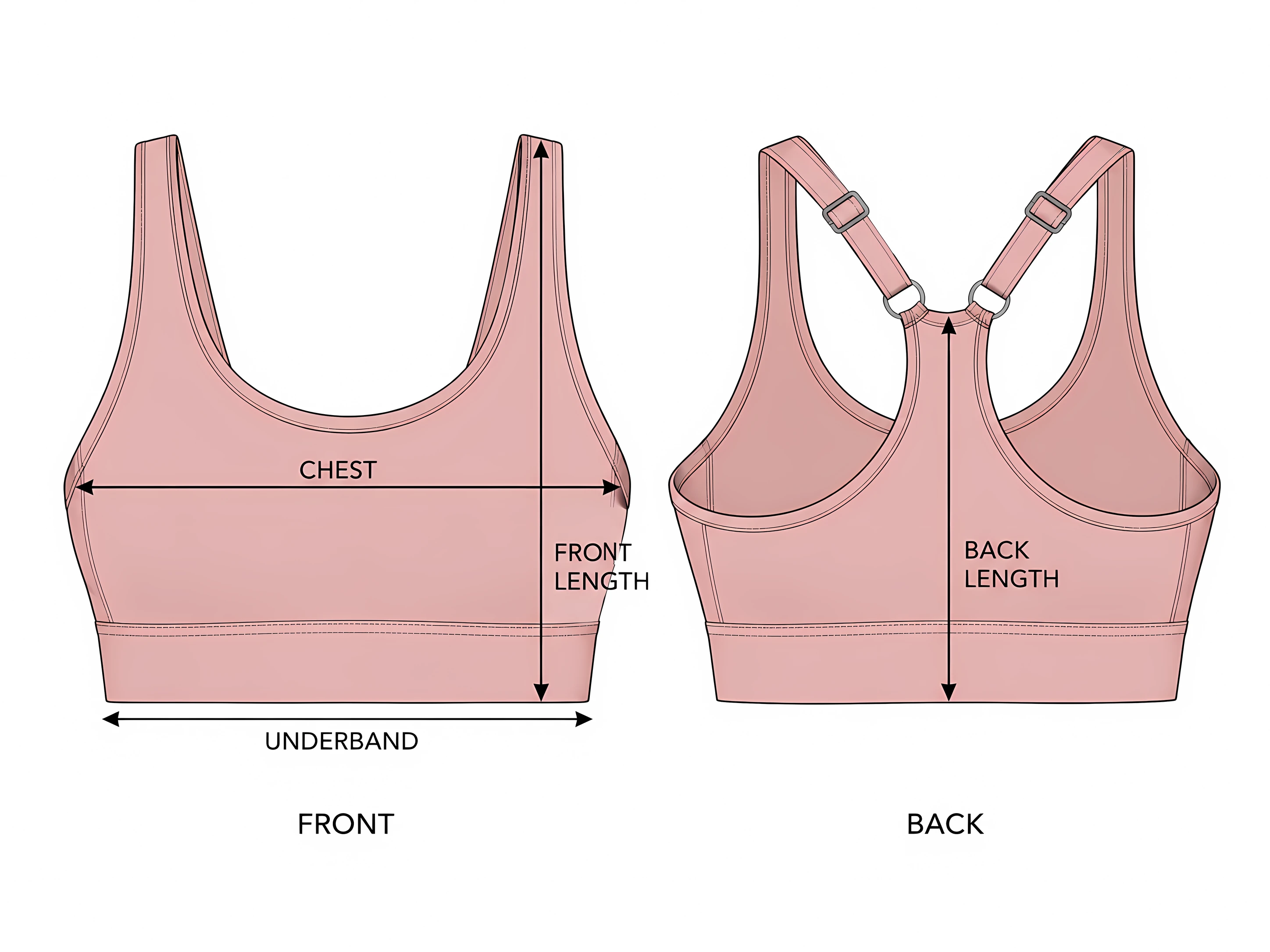 Classy Regular Bra front and back with the measurement points: chest, front length, underband and back length