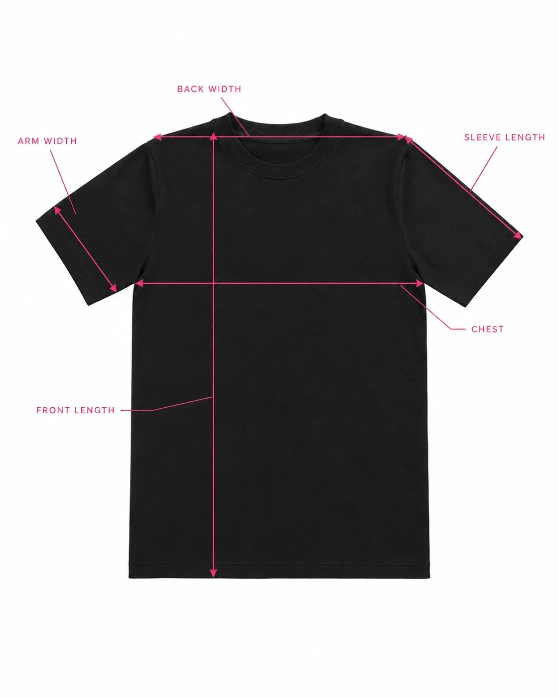 T-shirt with the five measurement lines: back width, sleeve length, chest, arm width and front length
