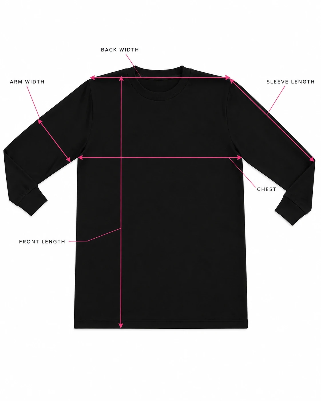 Full-sleeve T-shirt with the five measurement lines: back width, sleeve length, chest, arm width and front length
