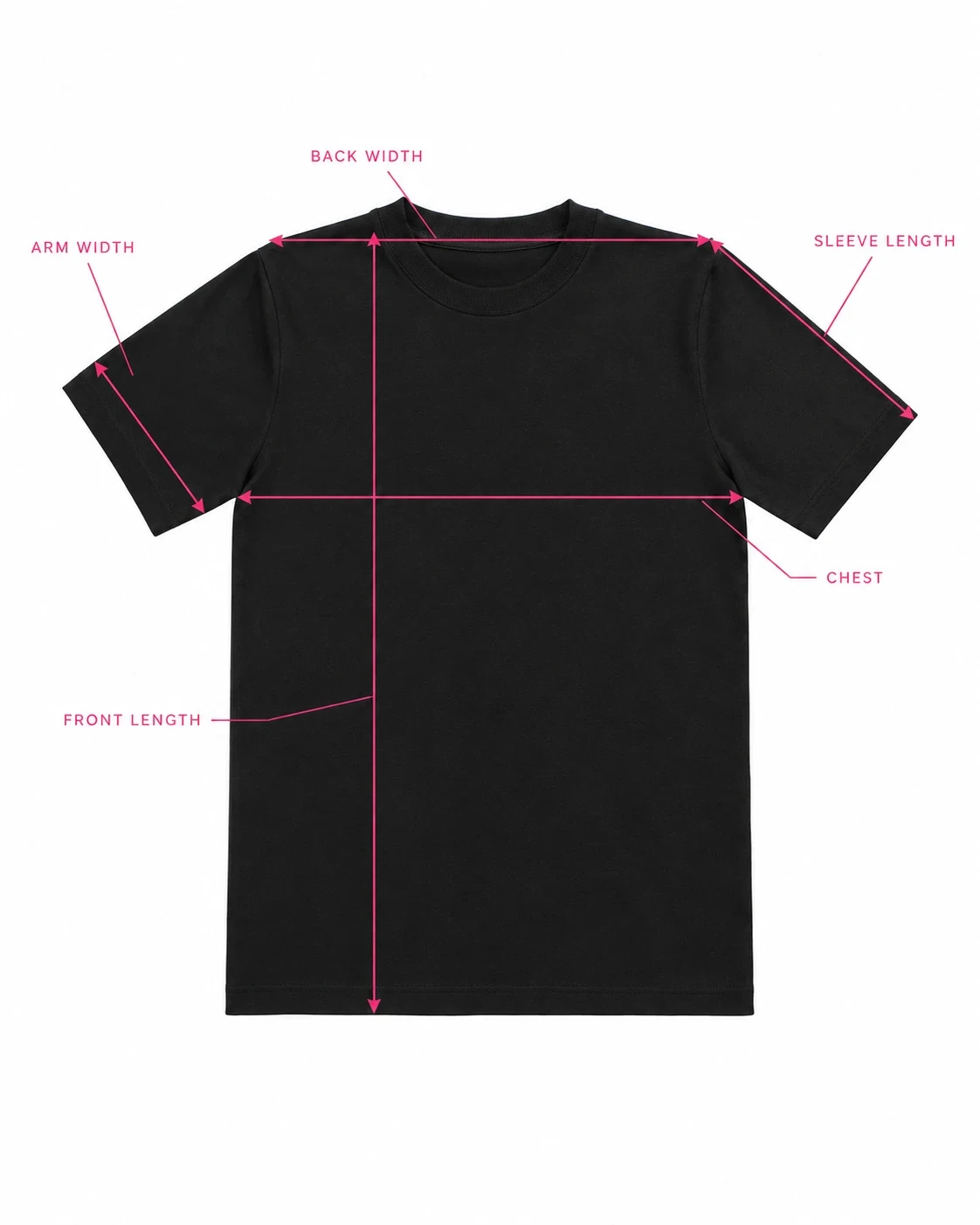 T-shirt with the five measurement lines: back width, sleeve length, chest, arm width and front length