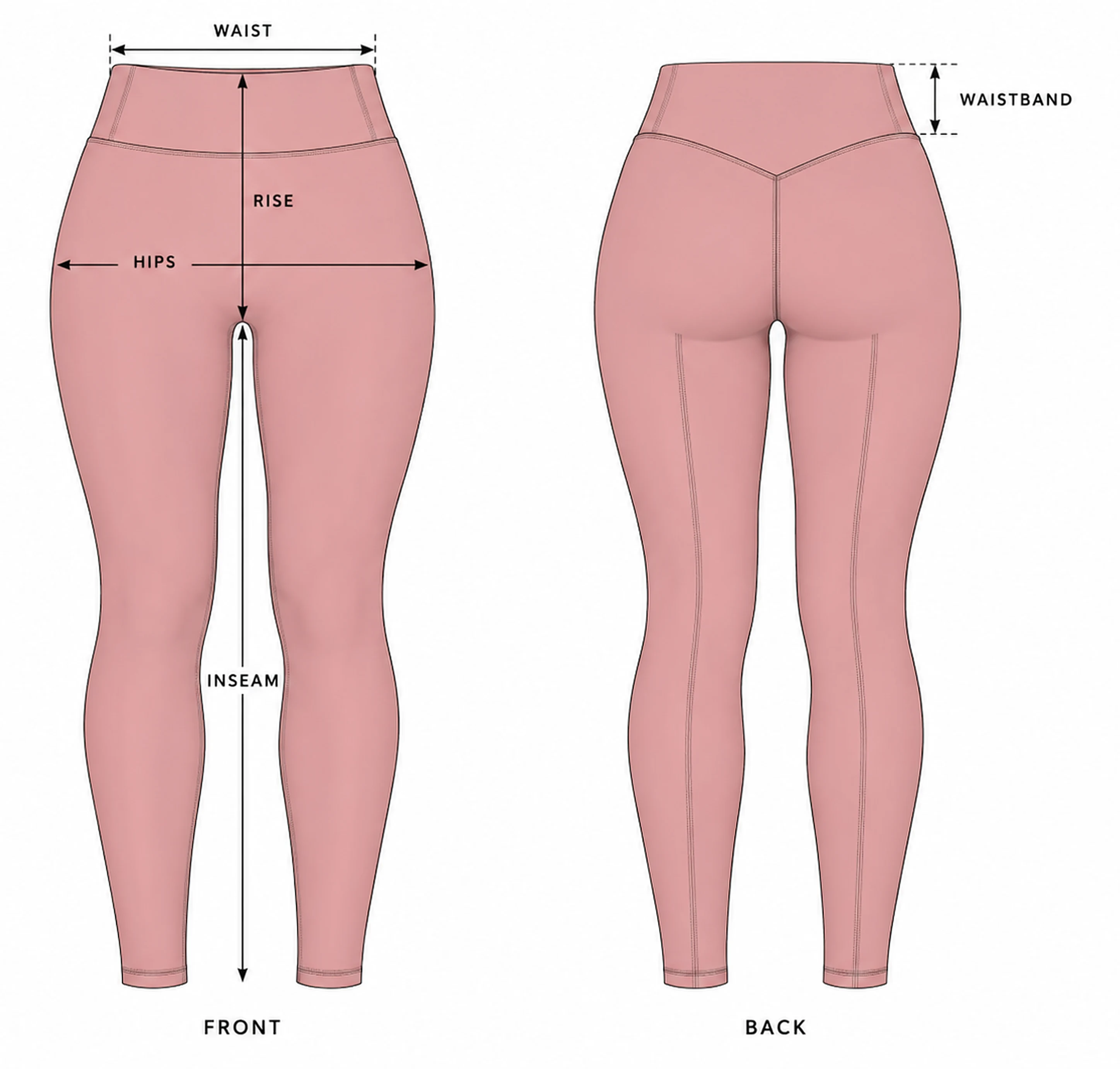 Leggings drawing, front and back, with waist, rise, hips, inseam and waistband