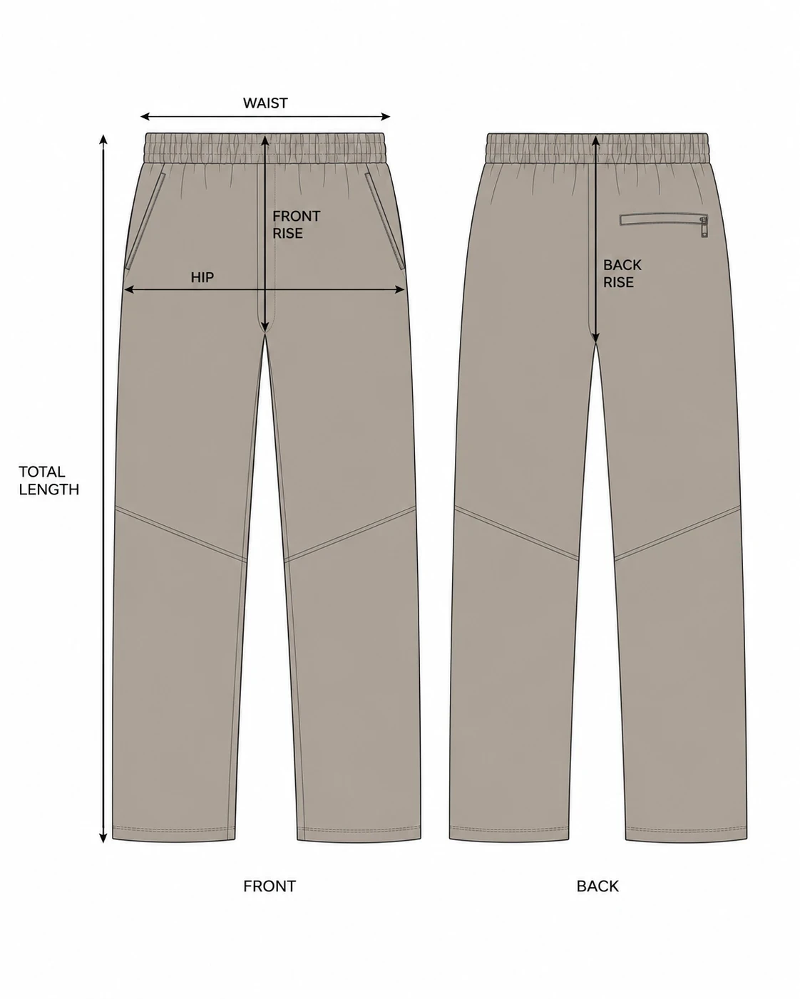 Trouser front and back with the measurement lines: waist, hip, total length, front rise and back rise