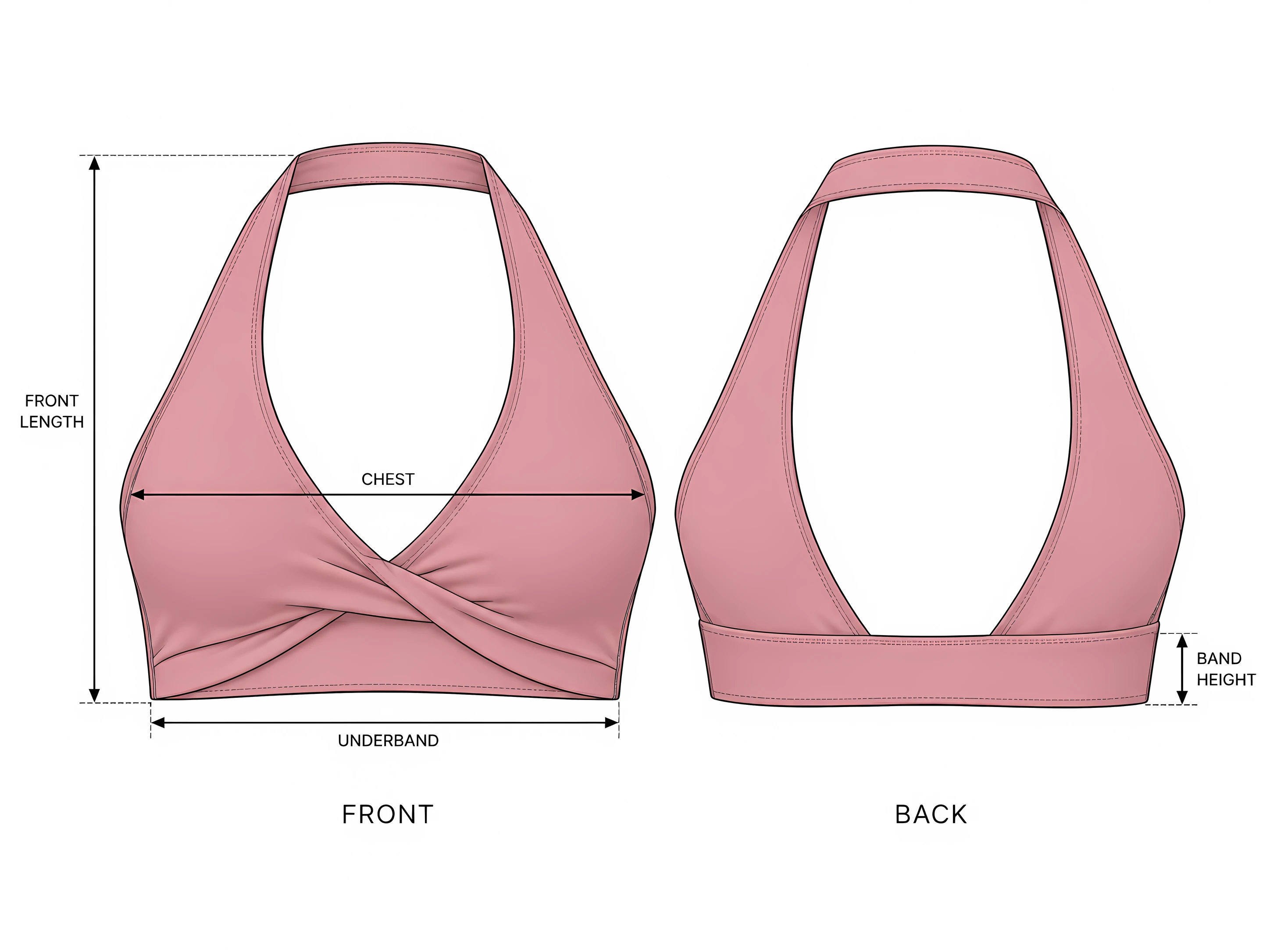 Classy UnifiedMove Twister Sports Bra front and back with the measurement points: front length, chest, underband and band height